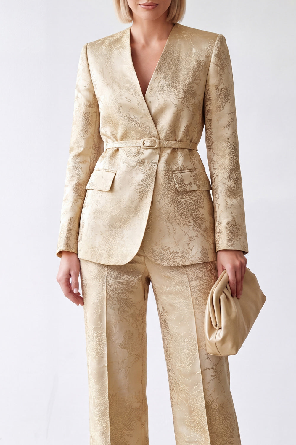 Golden Floral V-Neck Slim Fit 2 Piece Business Suits with Belt