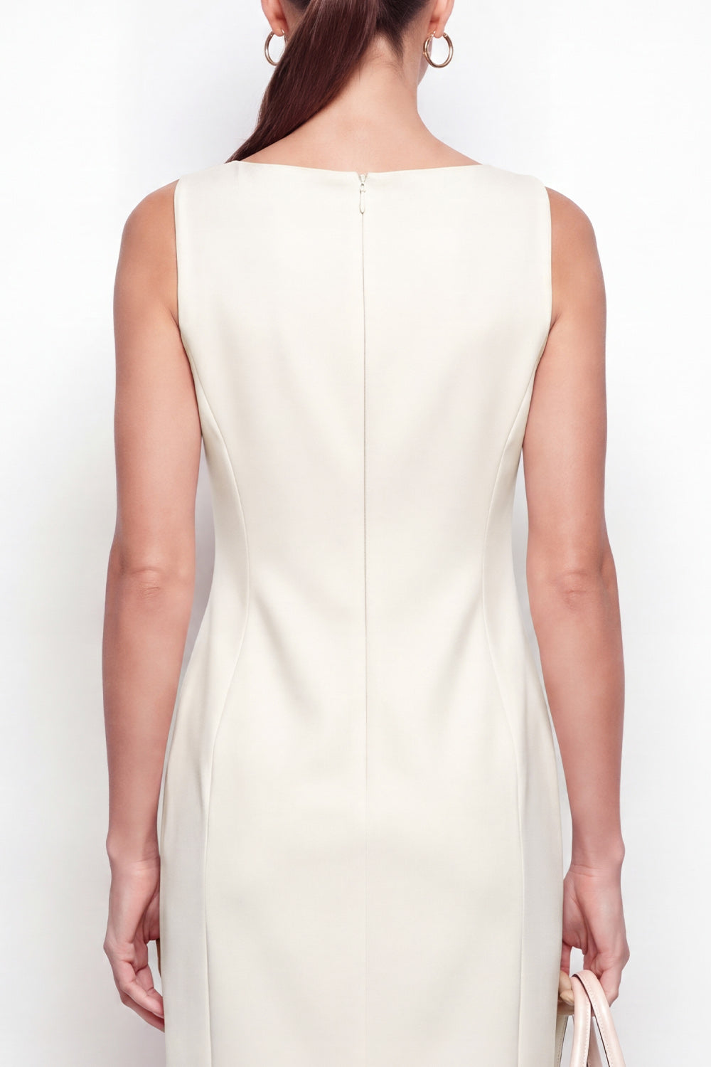 Ivory Sheath Boat Neck Sleeveless Midi Work Dress with Pockets