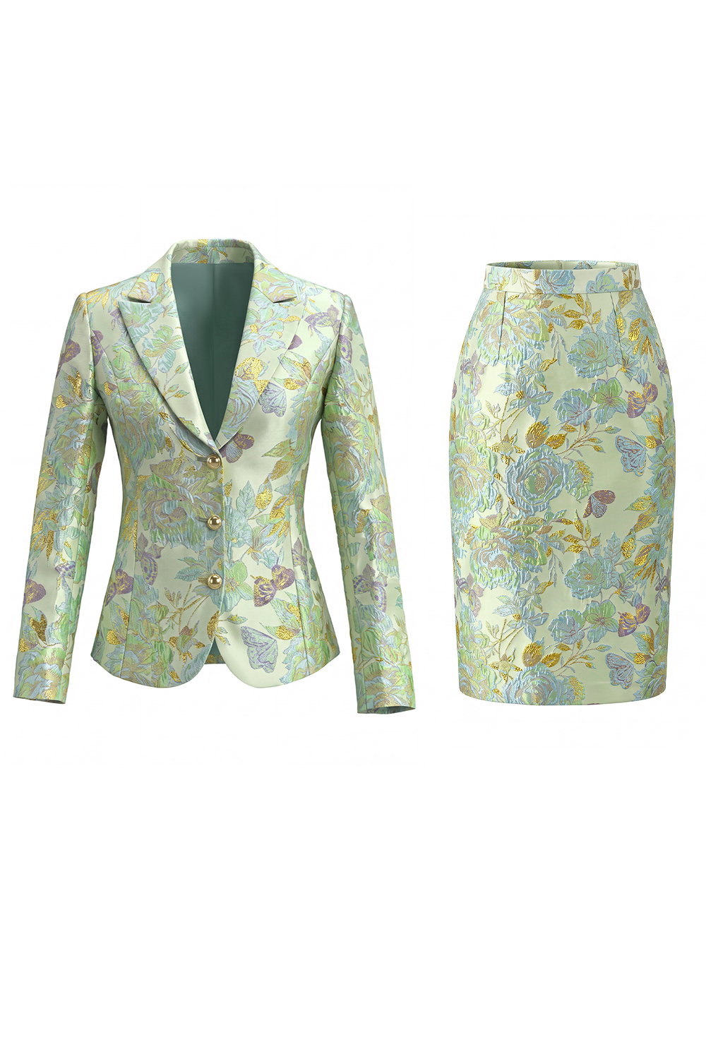 Green Floral Peak Lapel Single Breasted 2 Piece Midi Business Suits