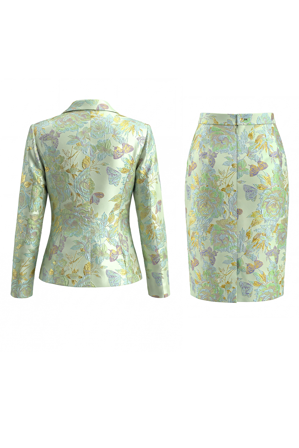 Green Floral Peak Lapel Single Breasted 2 Piece Midi Business Suits