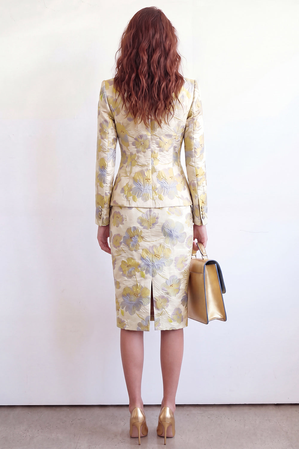 Yellow Floral Peak Lapel Single Breasted 2 Piece Midi Business Suits