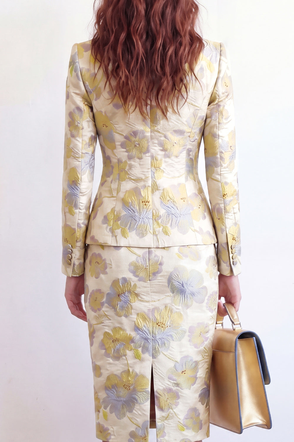Yellow Floral Peak Lapel Single Breasted 2 Piece Midi Business Suits