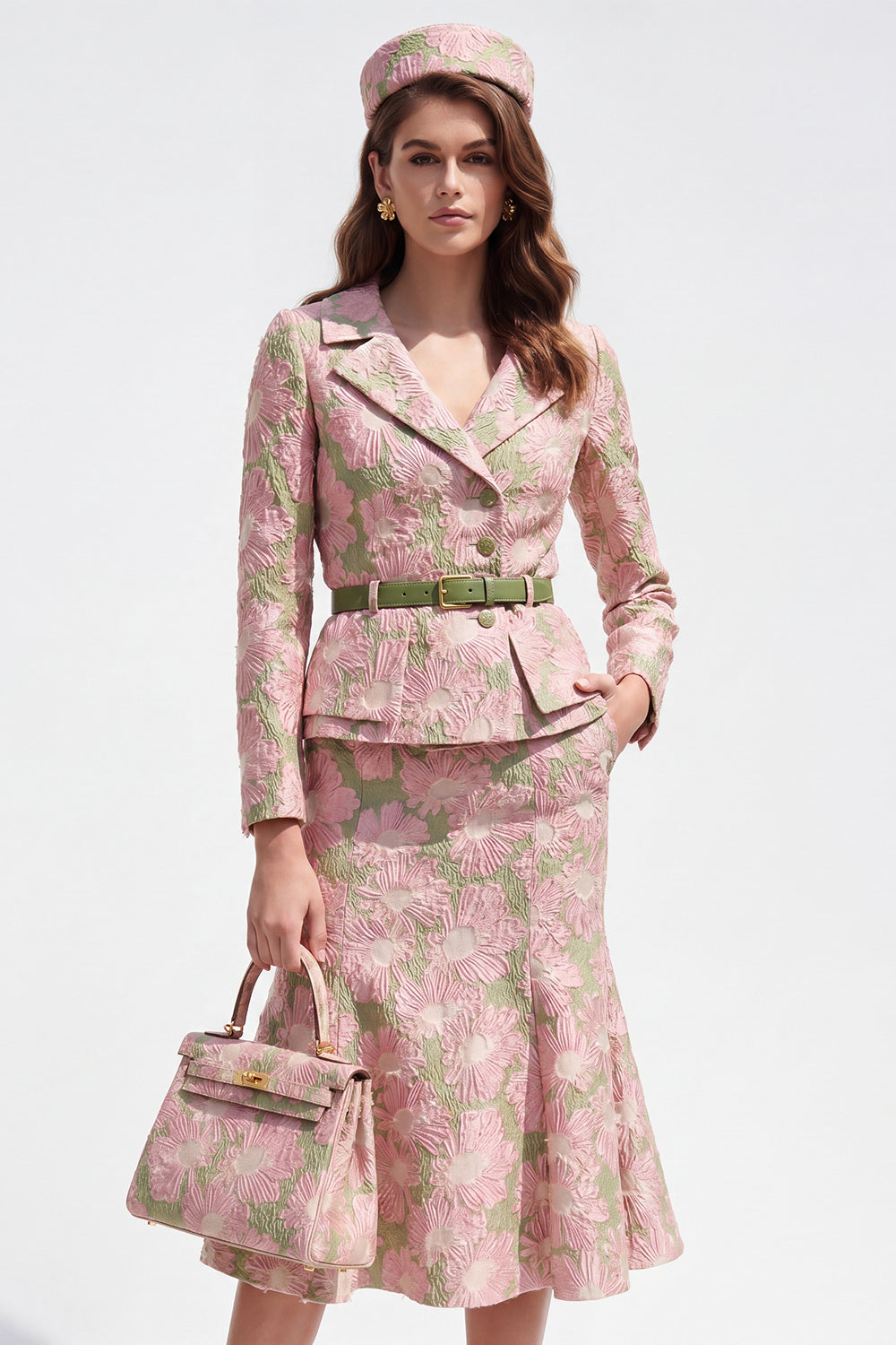 Floral Green Pink Notched Lapel Single Breasted Midi 2 Piece Business Suits