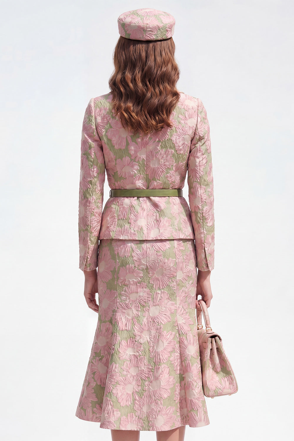 Floral Green Pink Notched Lapel Single Breasted Midi 2 Piece Business Suits