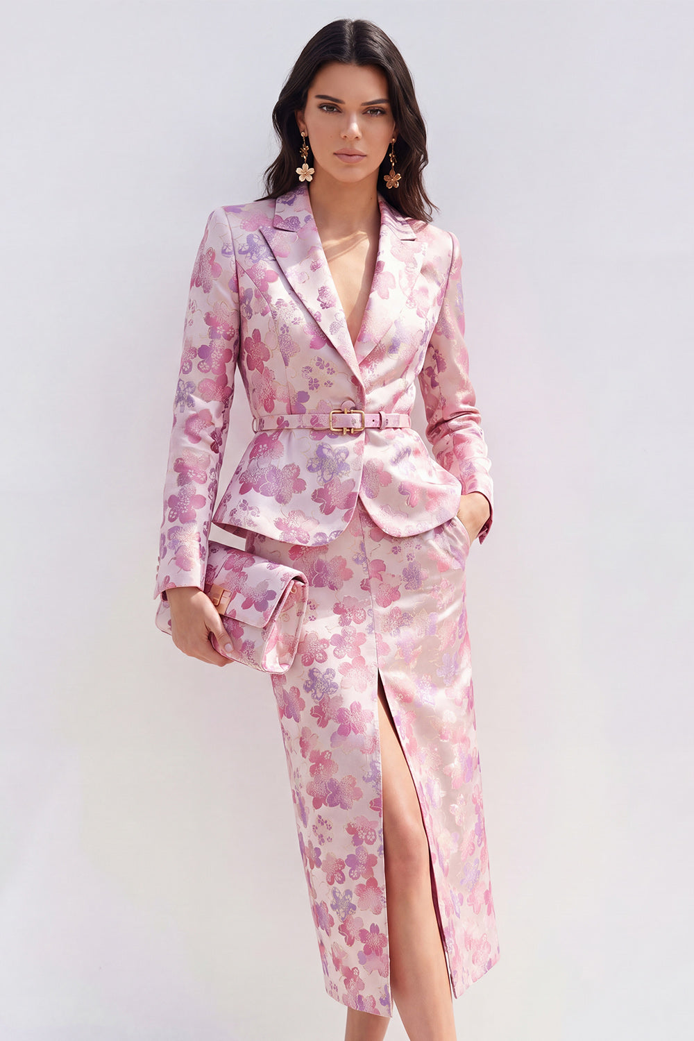 2 Piece Floral Pink Fuchsia Peak Lapel Single Breasted Midi Business Suits with Slit