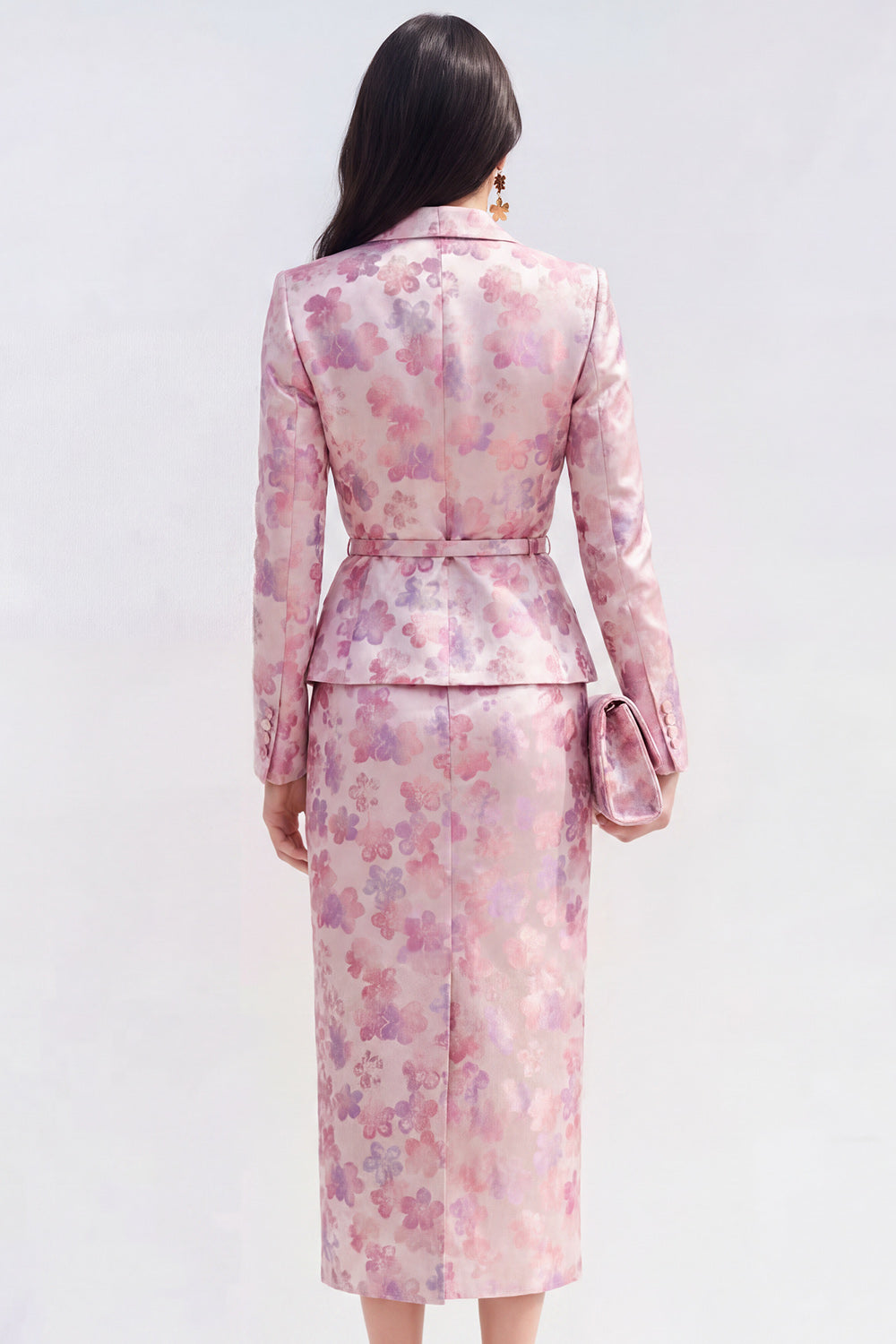 2 Piece Floral Pink Fuchsia Peak Lapel Single Breasted Midi Business Suits with Slit