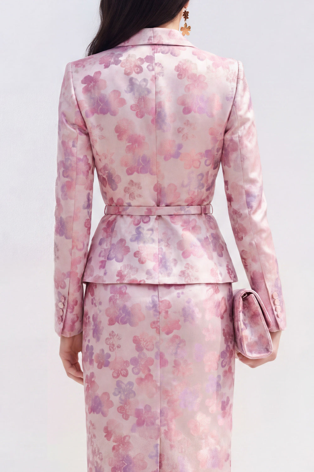 2 Piece Floral Pink Fuchsia Peak Lapel Single Breasted Midi Business Suits with Slit