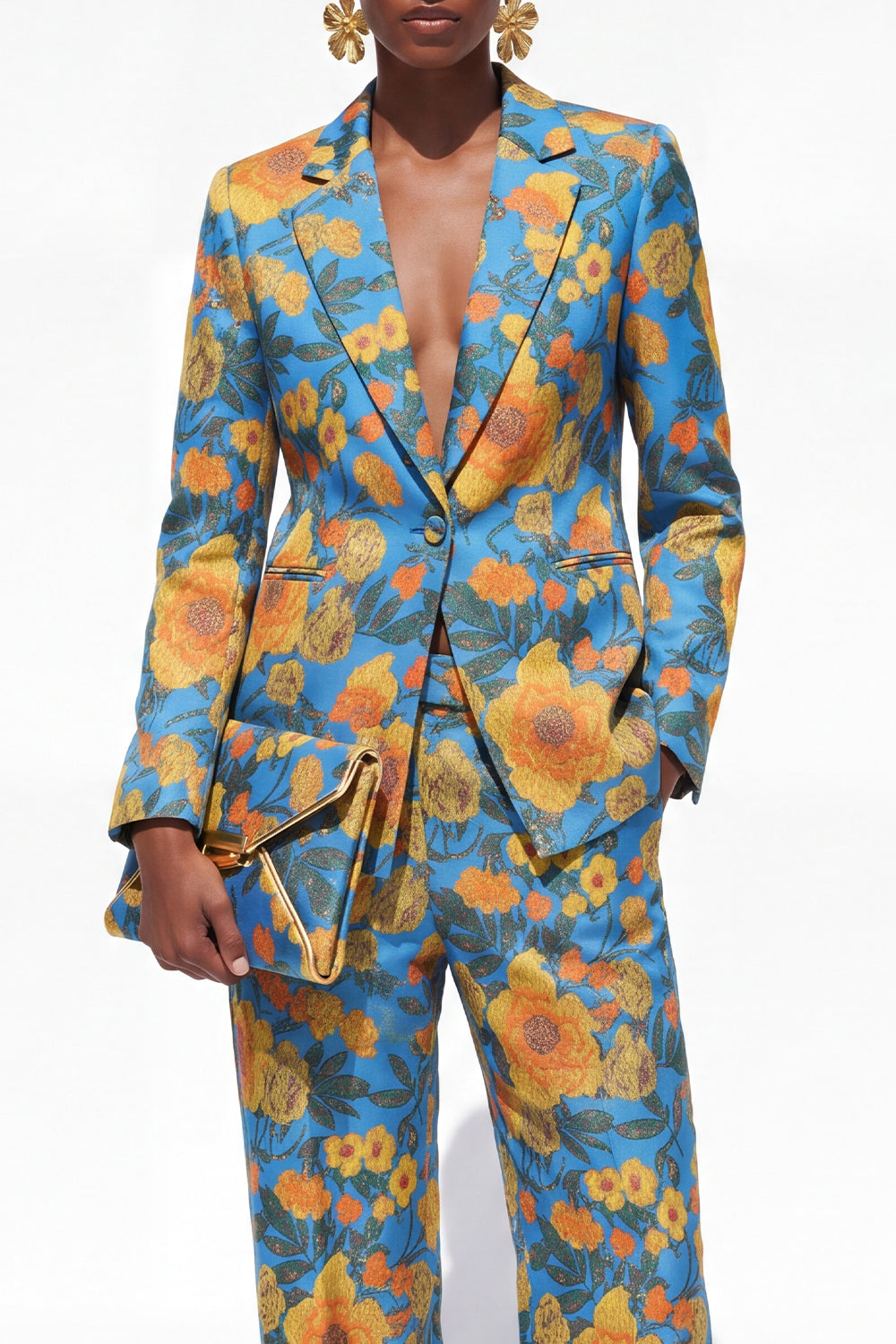 Green 2 Piece Floral Notched Lapel One Button Business Suits with Pockets