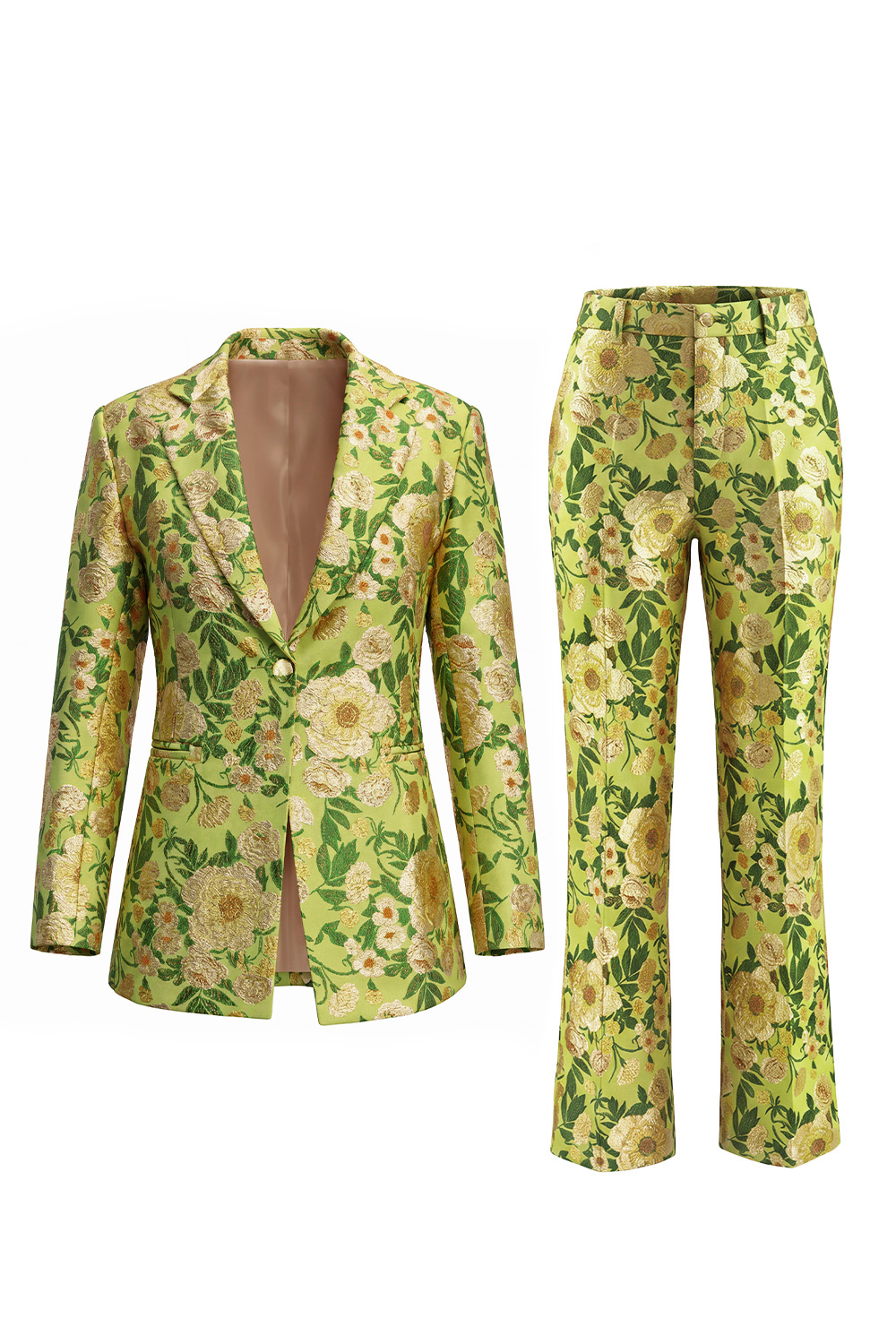 Green 2 Piece Floral Notched Lapel One Button Business Suits with Pockets