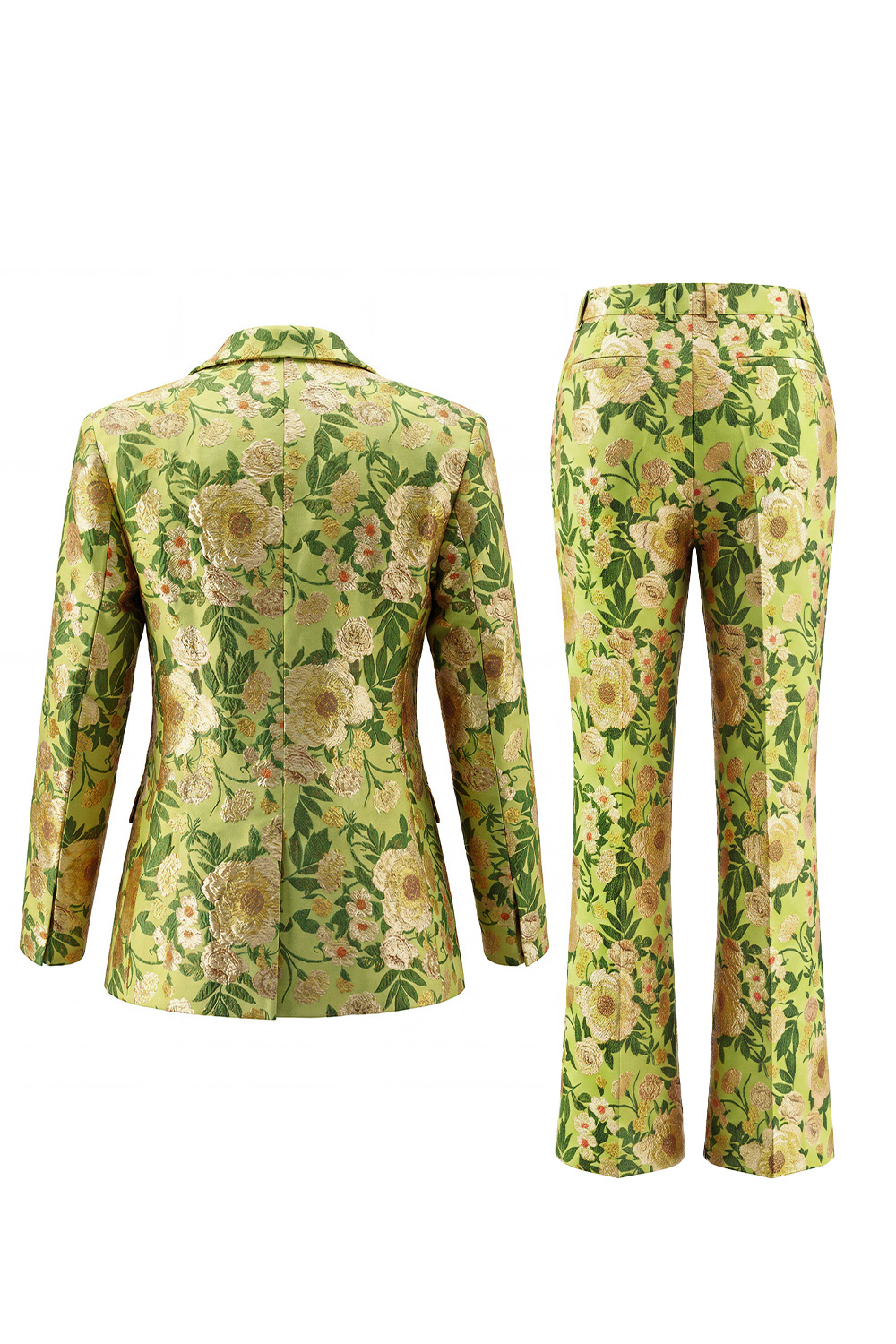 Green 2 Piece Floral Notched Lapel One Button Business Suits with Pockets