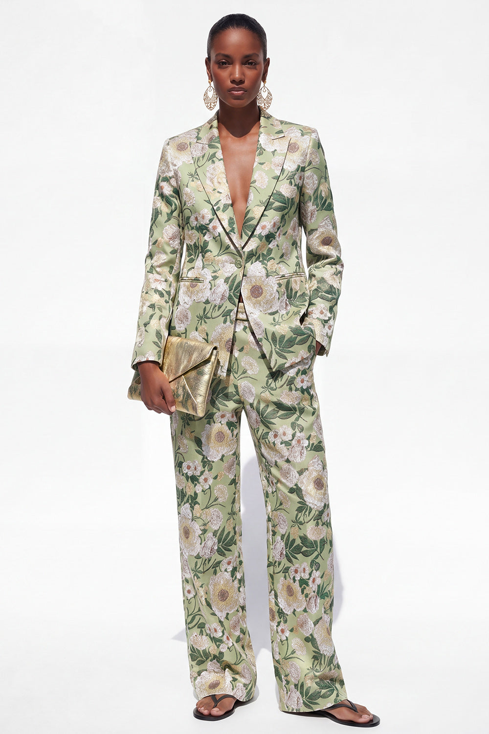 Green 2 Piece Floral Notched Lapel One Button Business Suits with Pockets