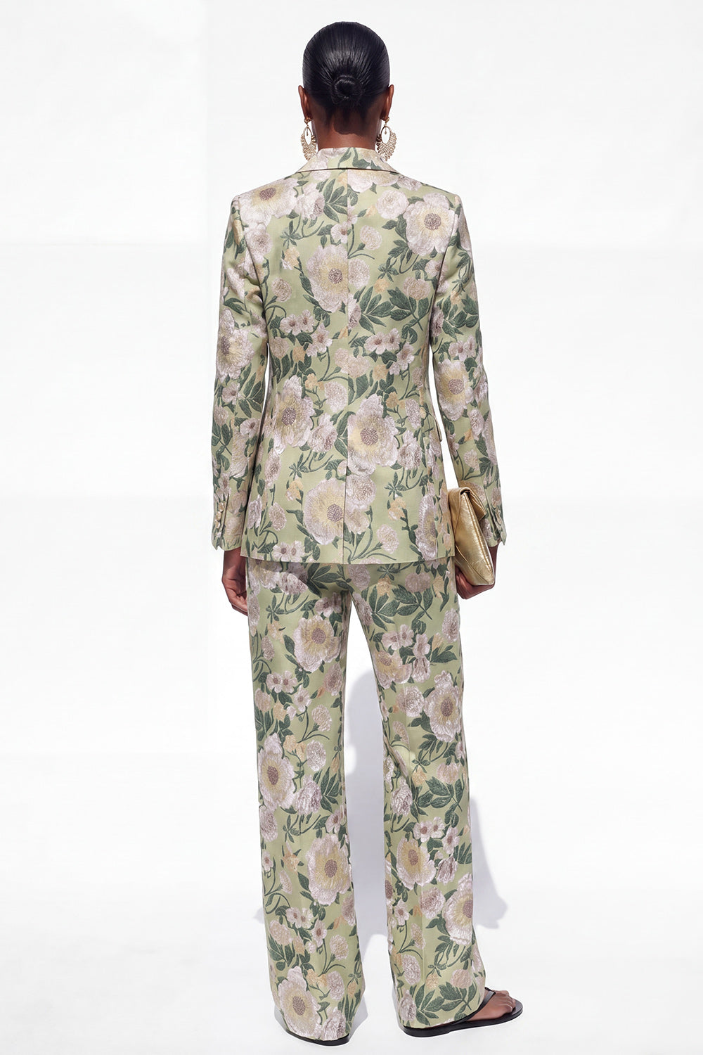 Green 2 Piece Floral Notched Lapel One Button Business Suits with Pockets