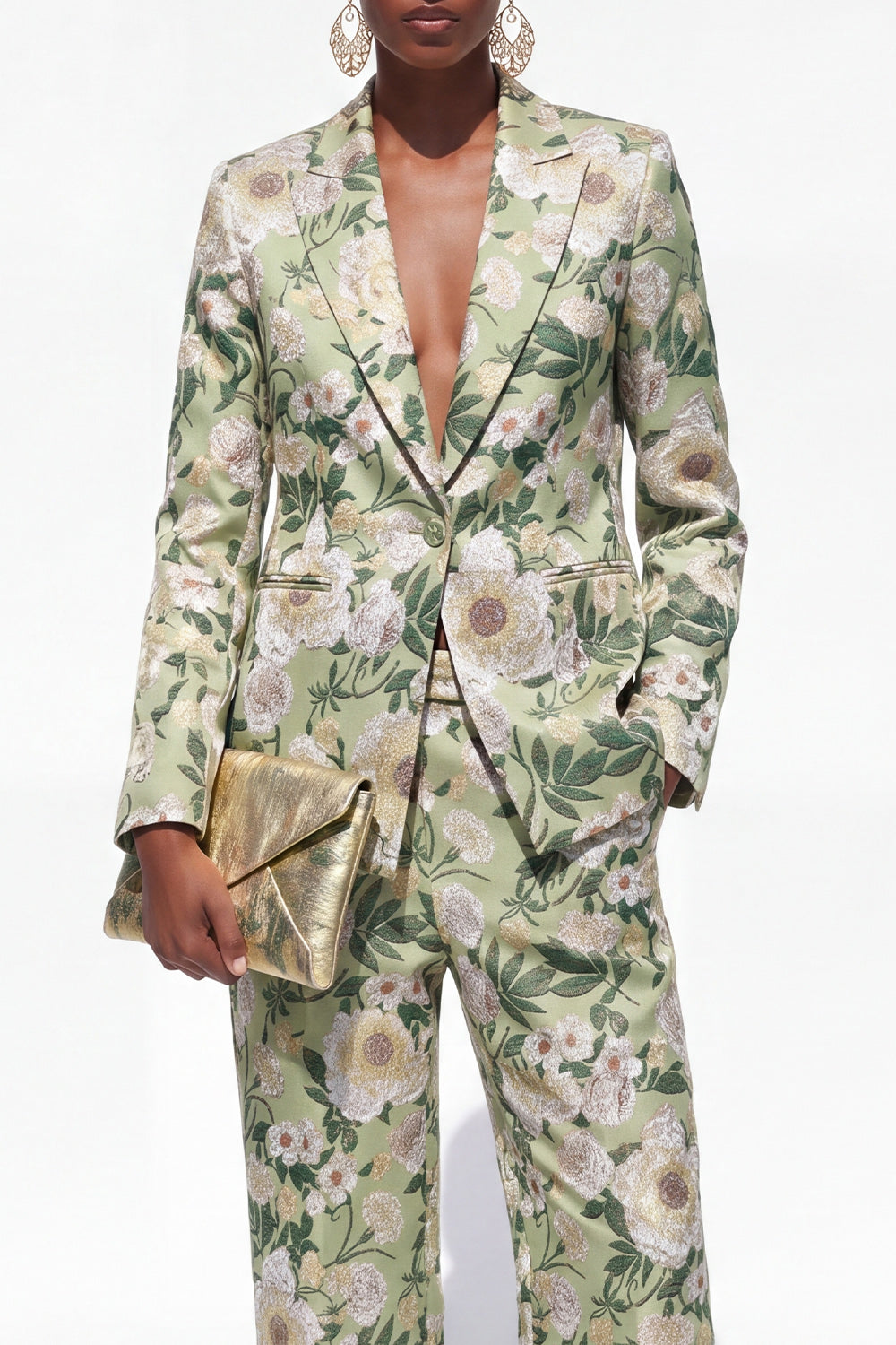 Green 2 Piece Floral Notched Lapel One Button Business Suits with Pockets