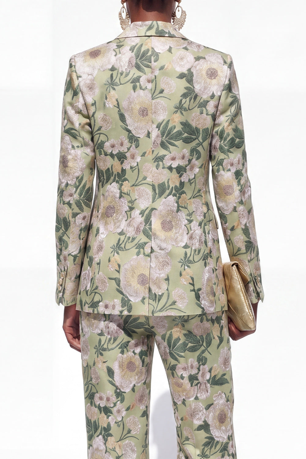 Green 2 Piece Floral Notched Lapel One Button Business Suits with Pockets