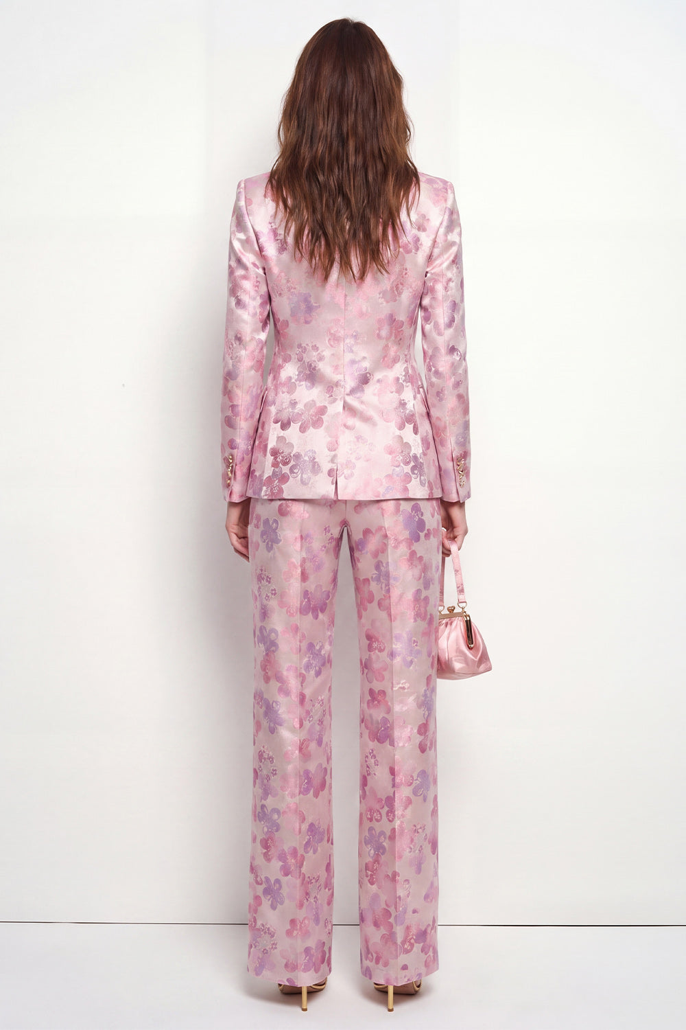2 Piece Pink Fuchsia Peak Lapel One Button Floral Business Suits with Pockets