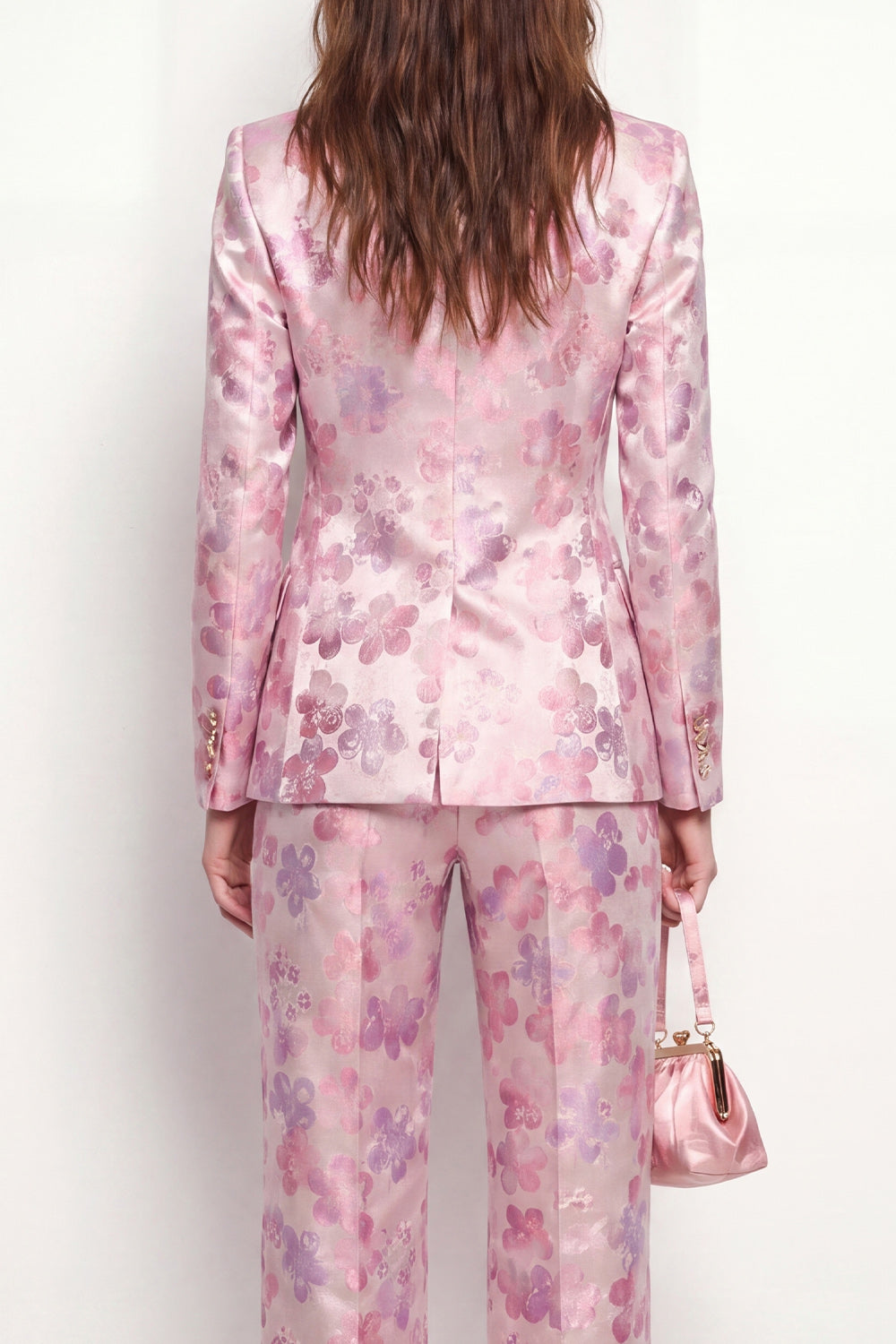 2 Piece Pink Fuchsia Peak Lapel One Button Floral Business Suits with Pockets