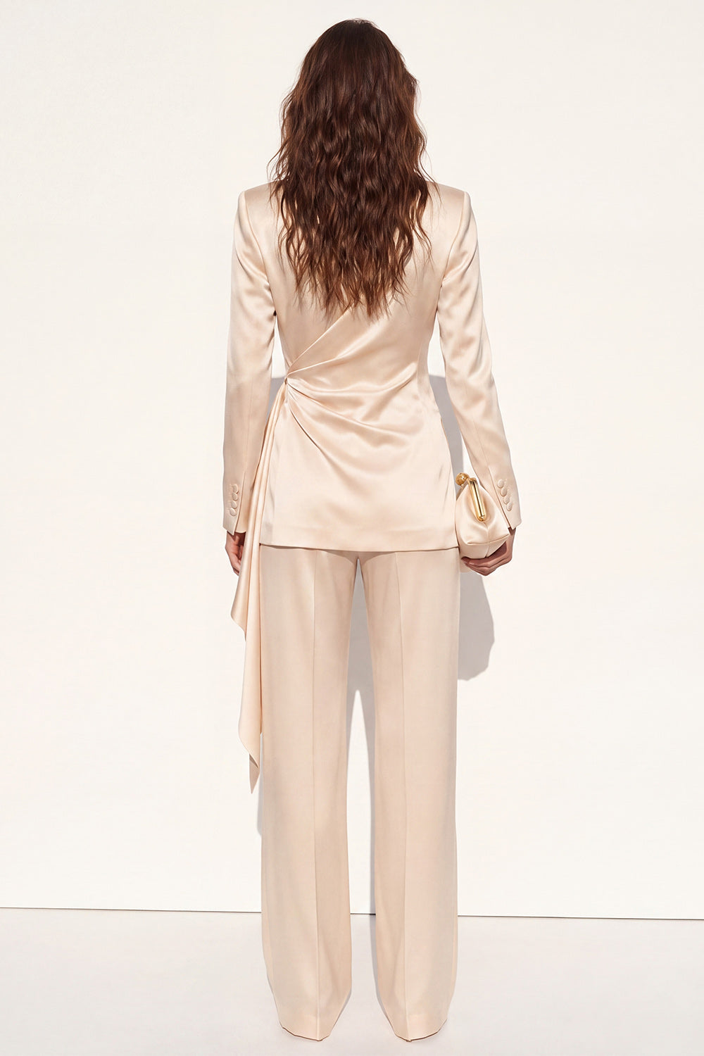 2 Piece Champagne Ruched Peak Lapel Business Suits with Sash