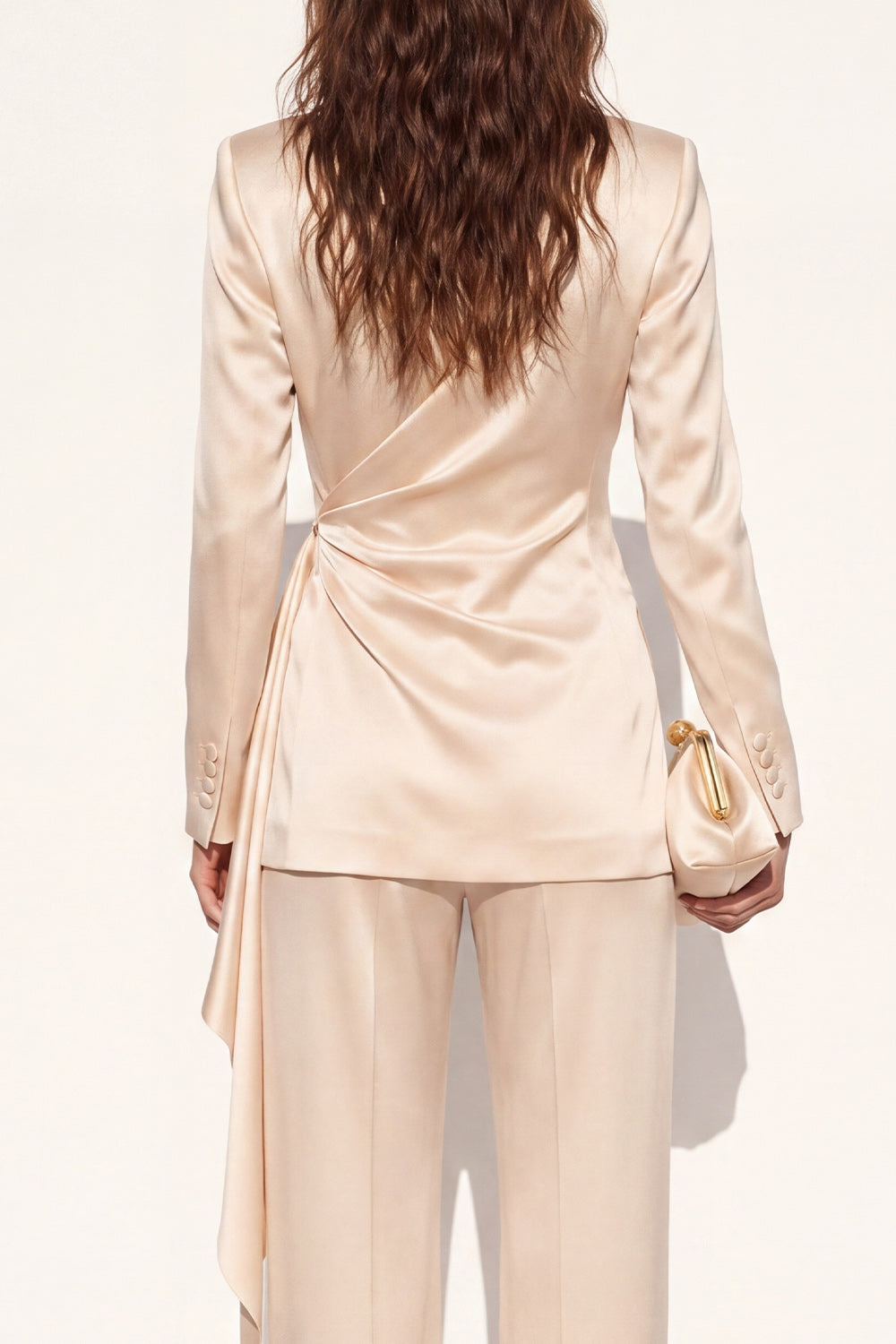 2 Piece Champagne Ruched Peak Lapel Business Suits with Sash