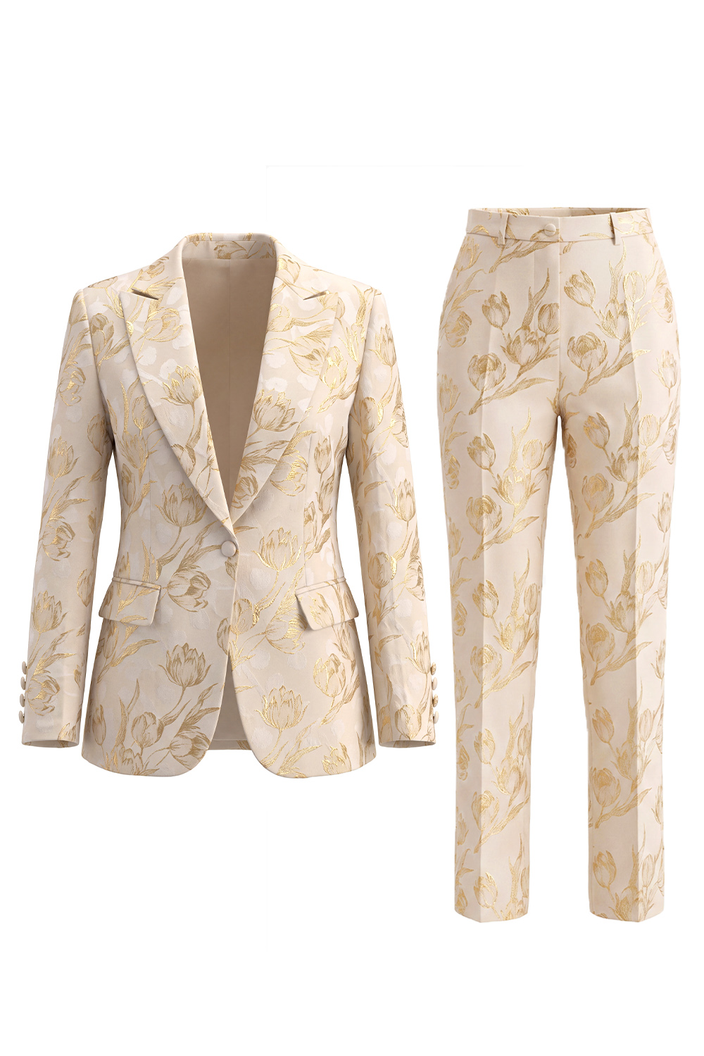 Golden Floral Peak Lapel One Botton 2 Piece Business Suits with Pockets