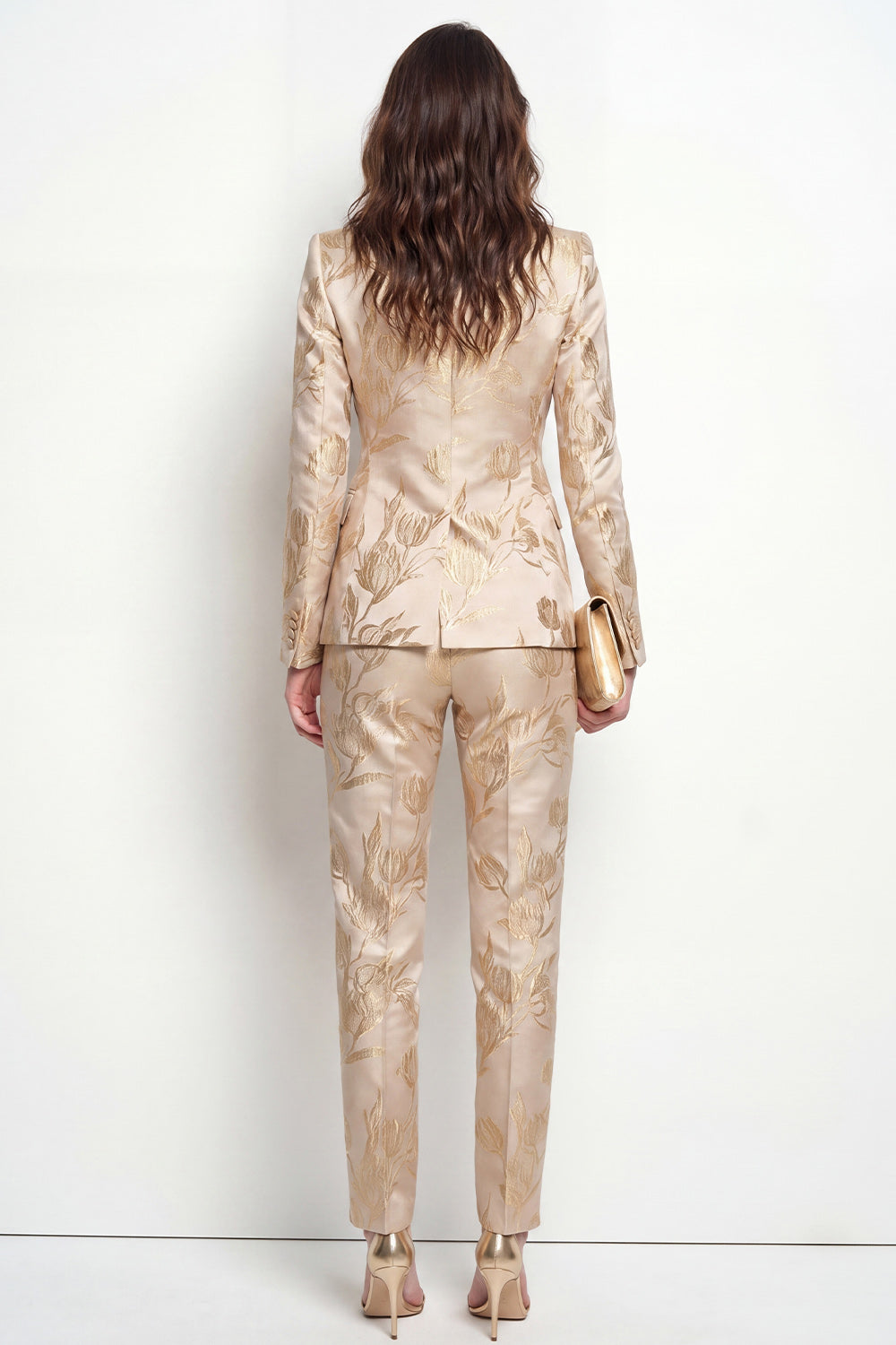 Golden Floral Peak Lapel One Botton 2 Piece Business Suits with Pockets