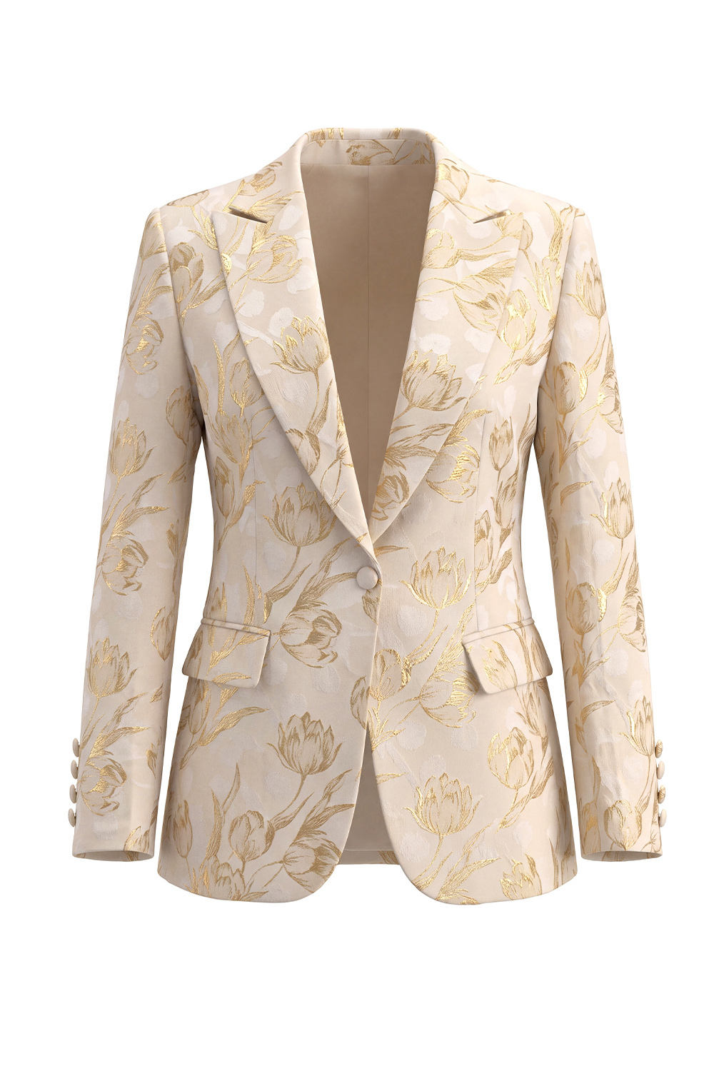 Golden Floral Peak Lapel One Botton 2 Piece Business Suits with Pockets