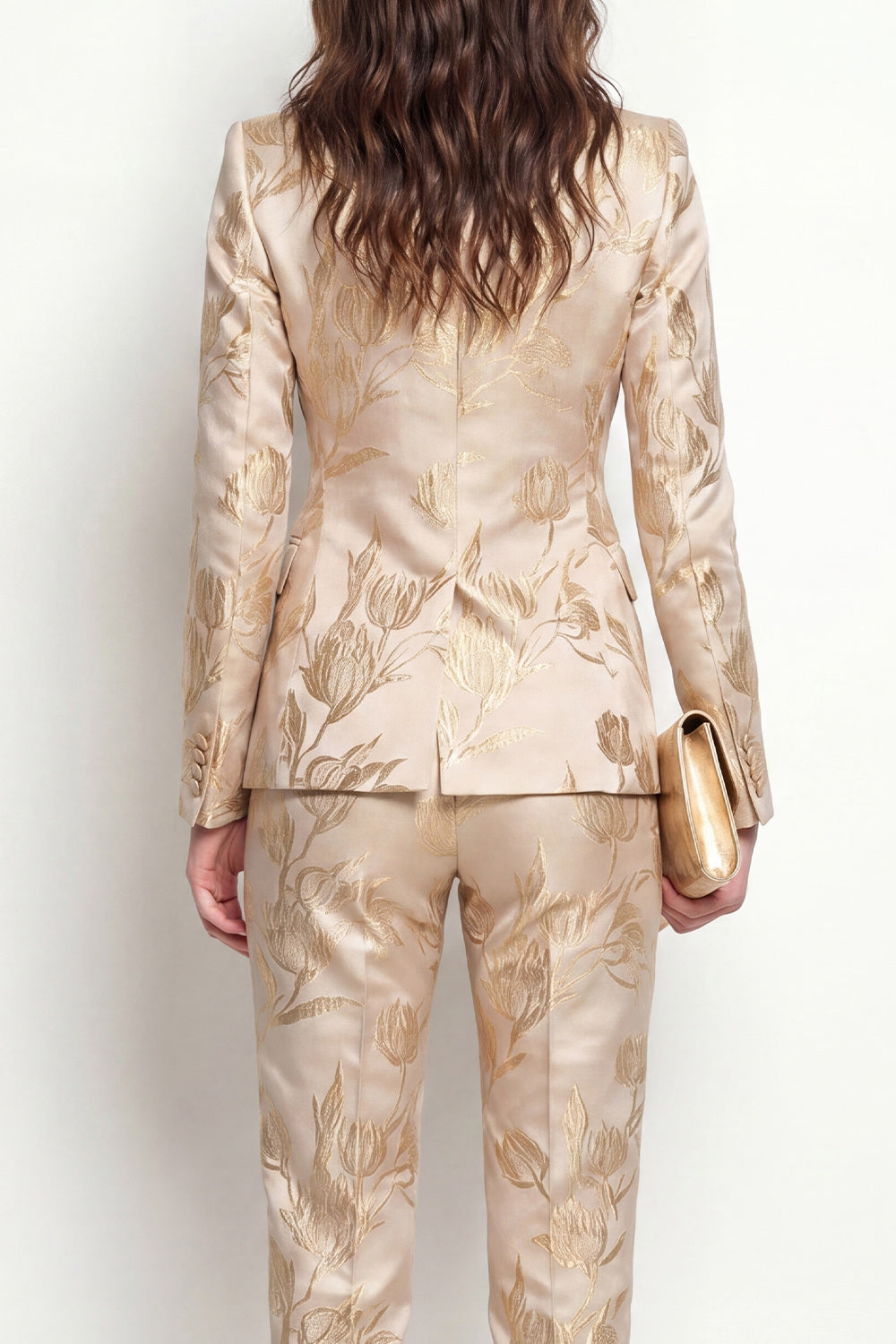 Golden Floral Peak Lapel One Botton 2 Piece Business Suits with Pockets