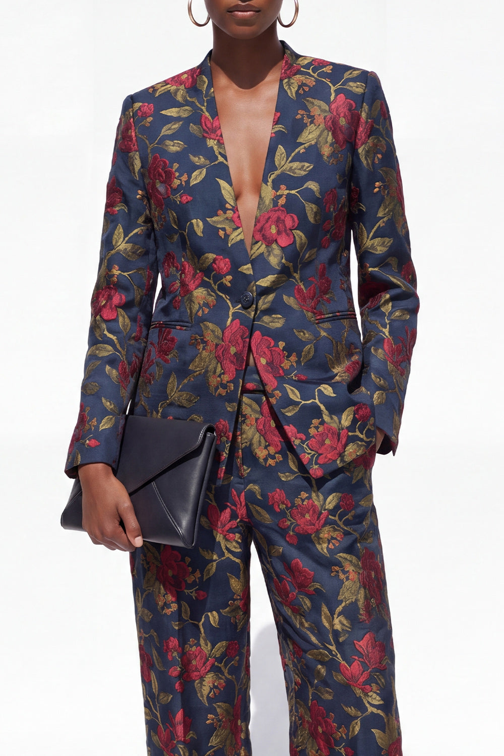 Floral Black 2 Piece Peak Lapel One Button Business Suits with Pockets