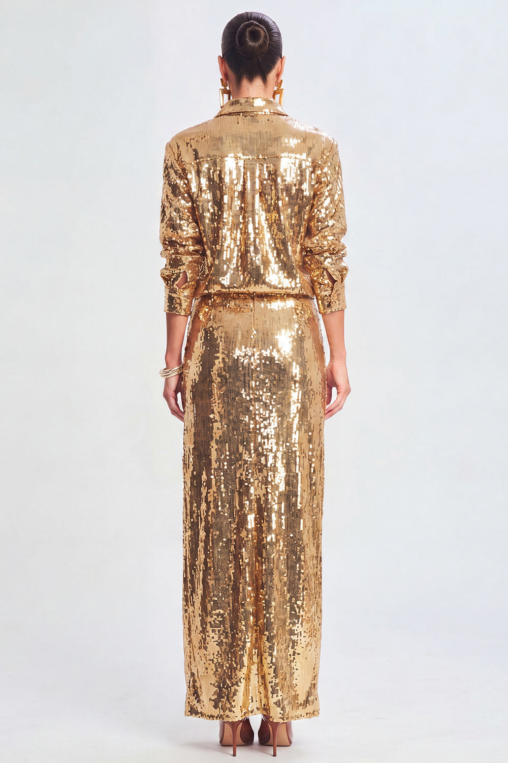 Sparkly Golden Sequins 2 Piece Lapel Long Prom Suits with Slit