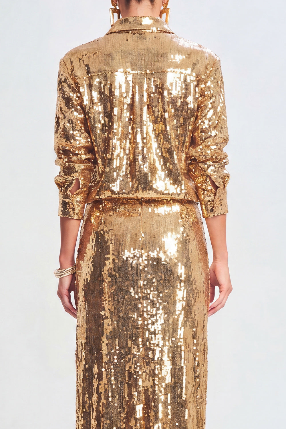 Sparkly Golden Sequins 2 Piece Lapel Long Prom Suits with Slit