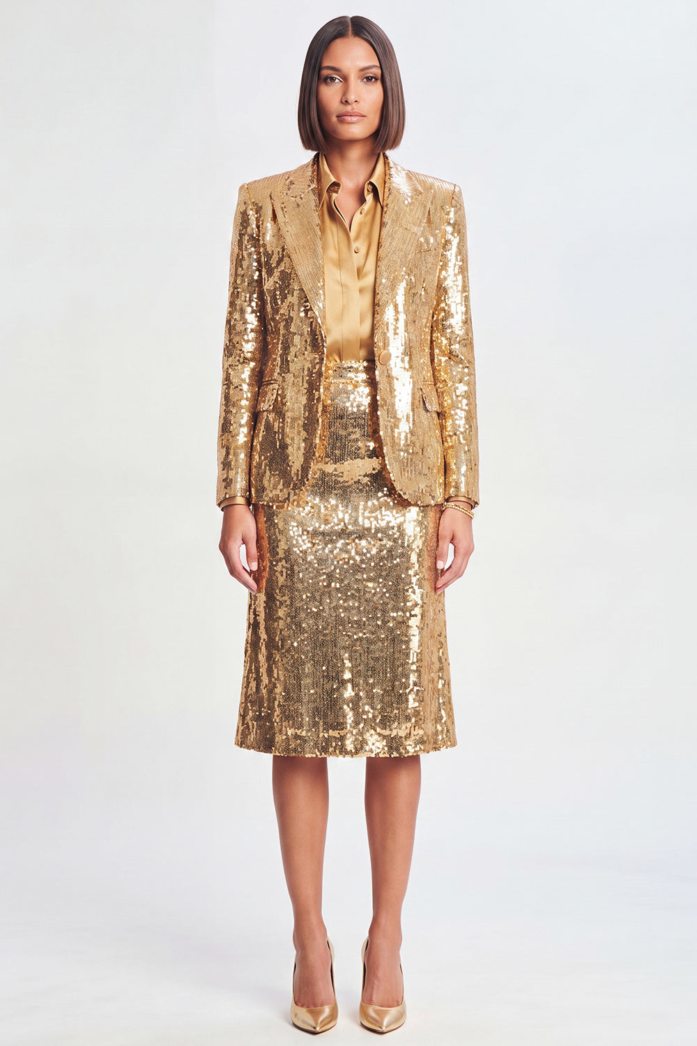 Sparkly Sequins Golden 2 Piece Peak Lapel Midi Prom Suits
