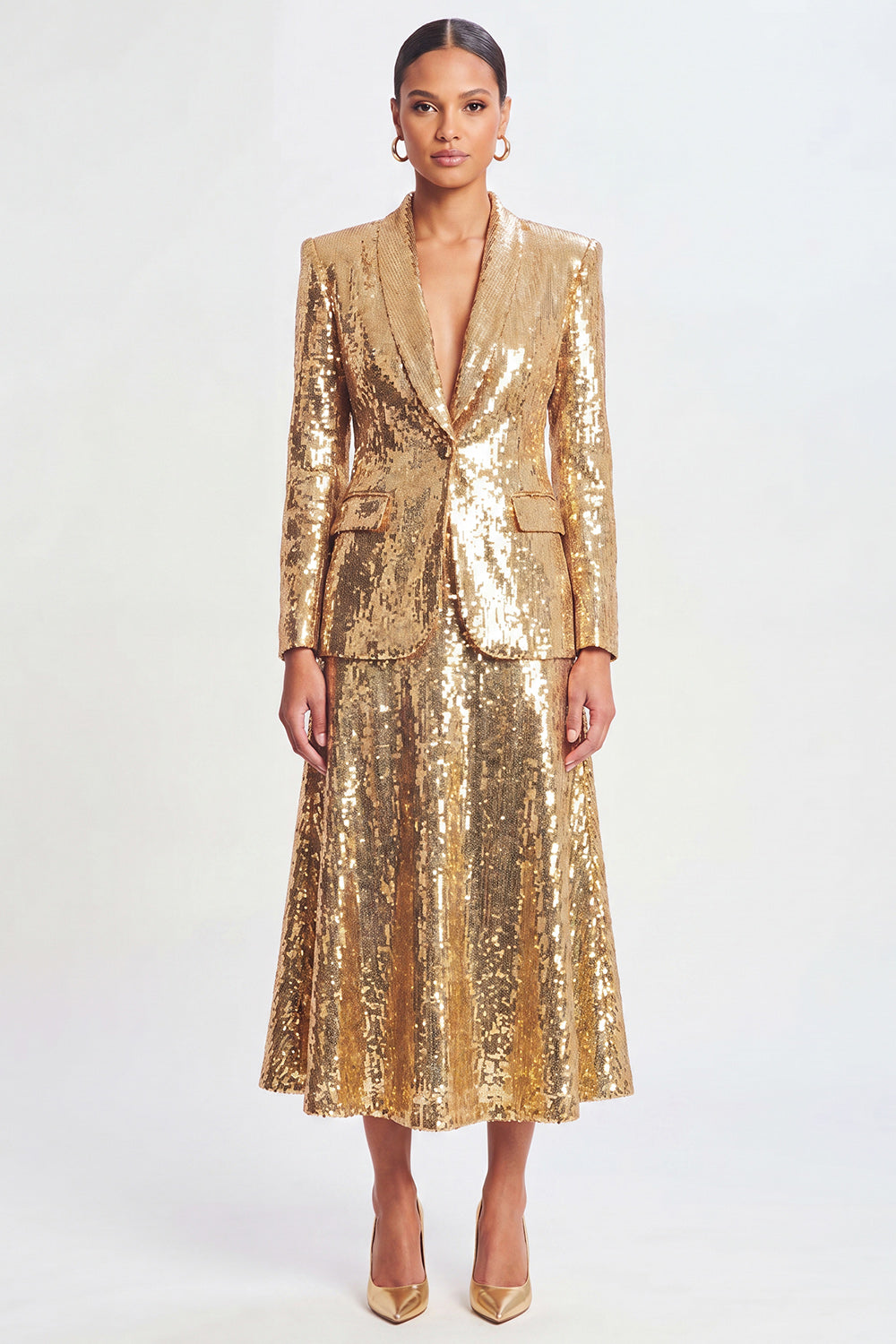 Sparkly Golden 2 Piece Shawl Lapel Sequins A Line Long Prom Suits