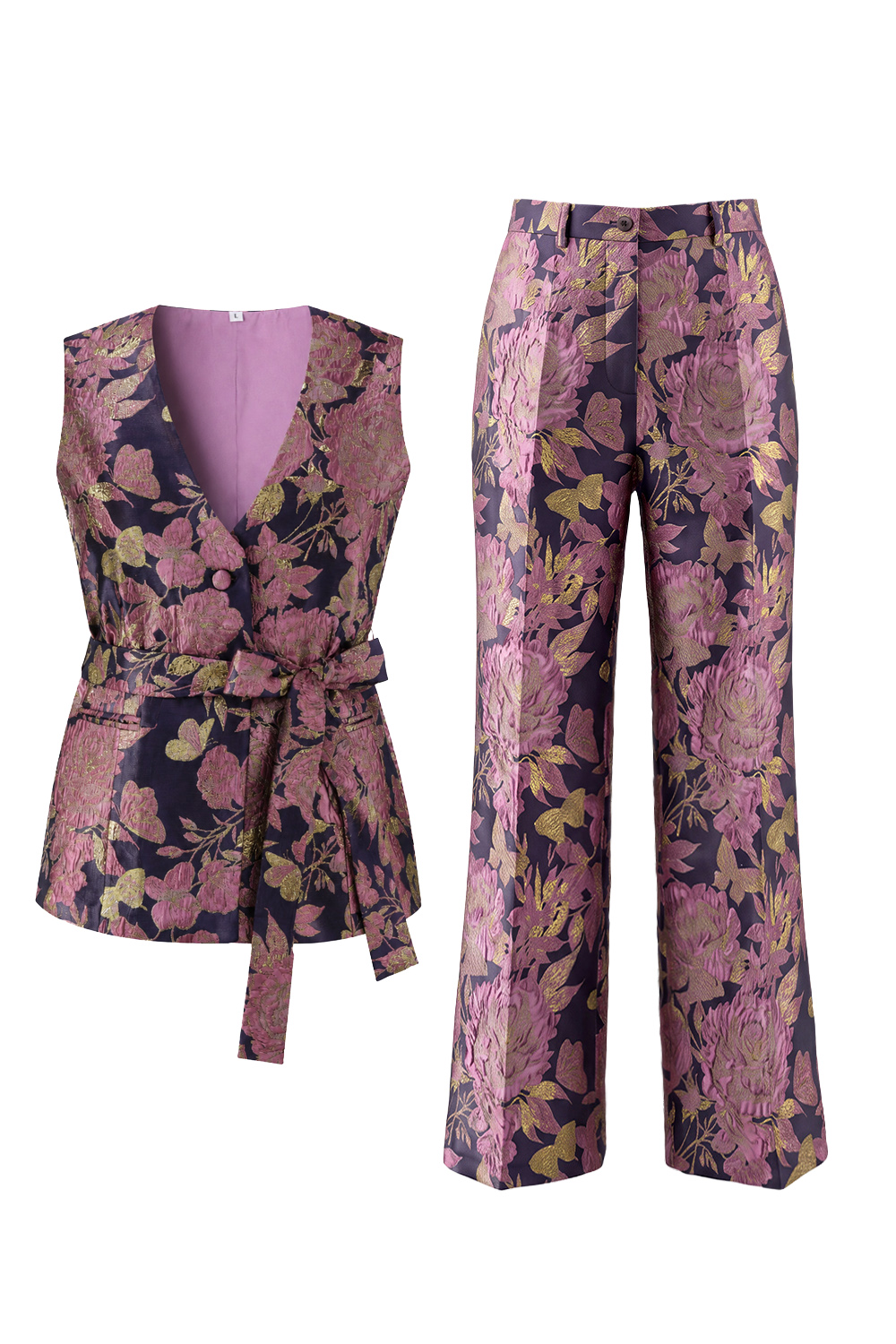 2 Piece Sage Green Floral V-Neck Vest Prom Suits with Sash
