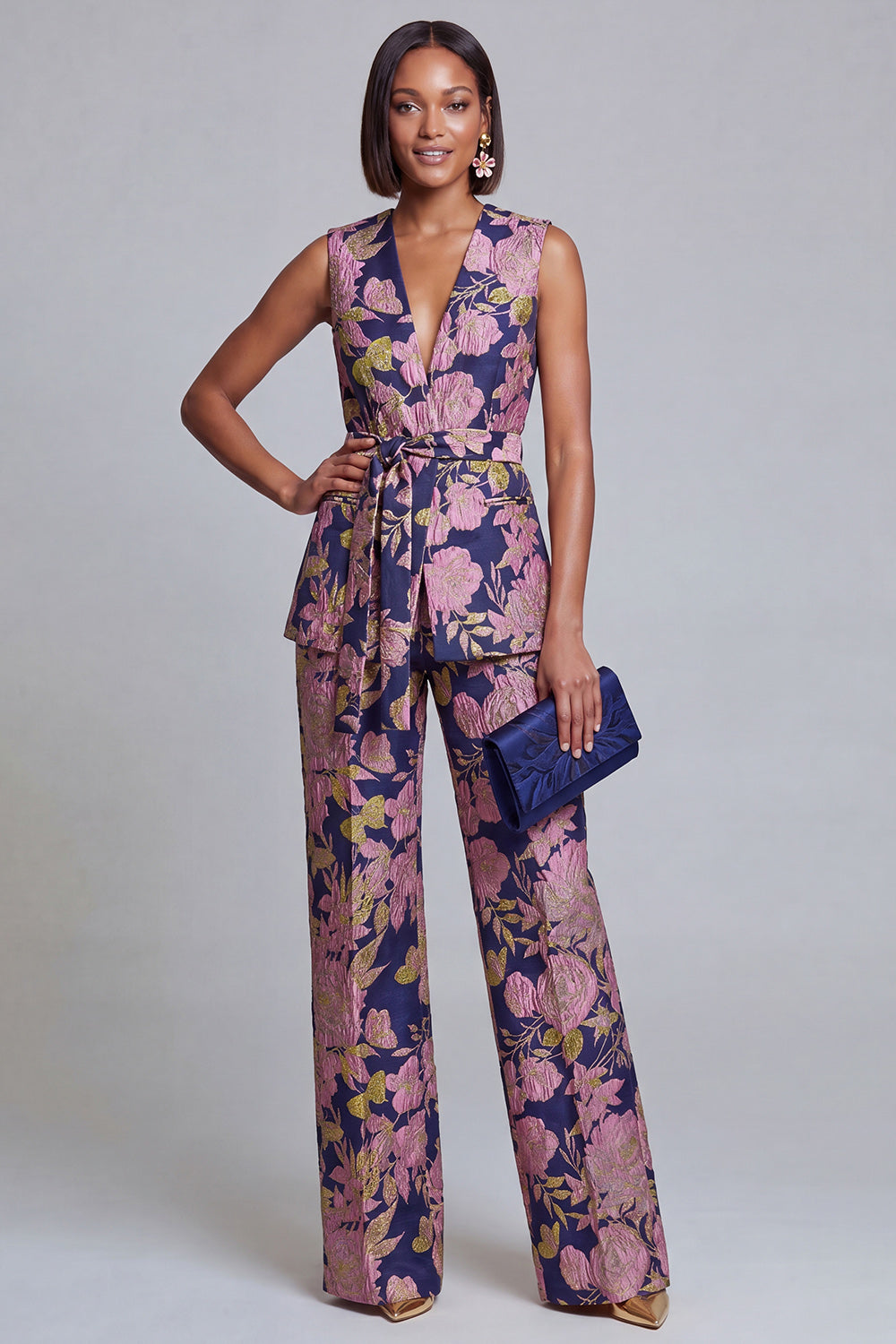 2 Piece Sage Green Floral V-Neck Vest Prom Suits with Sash