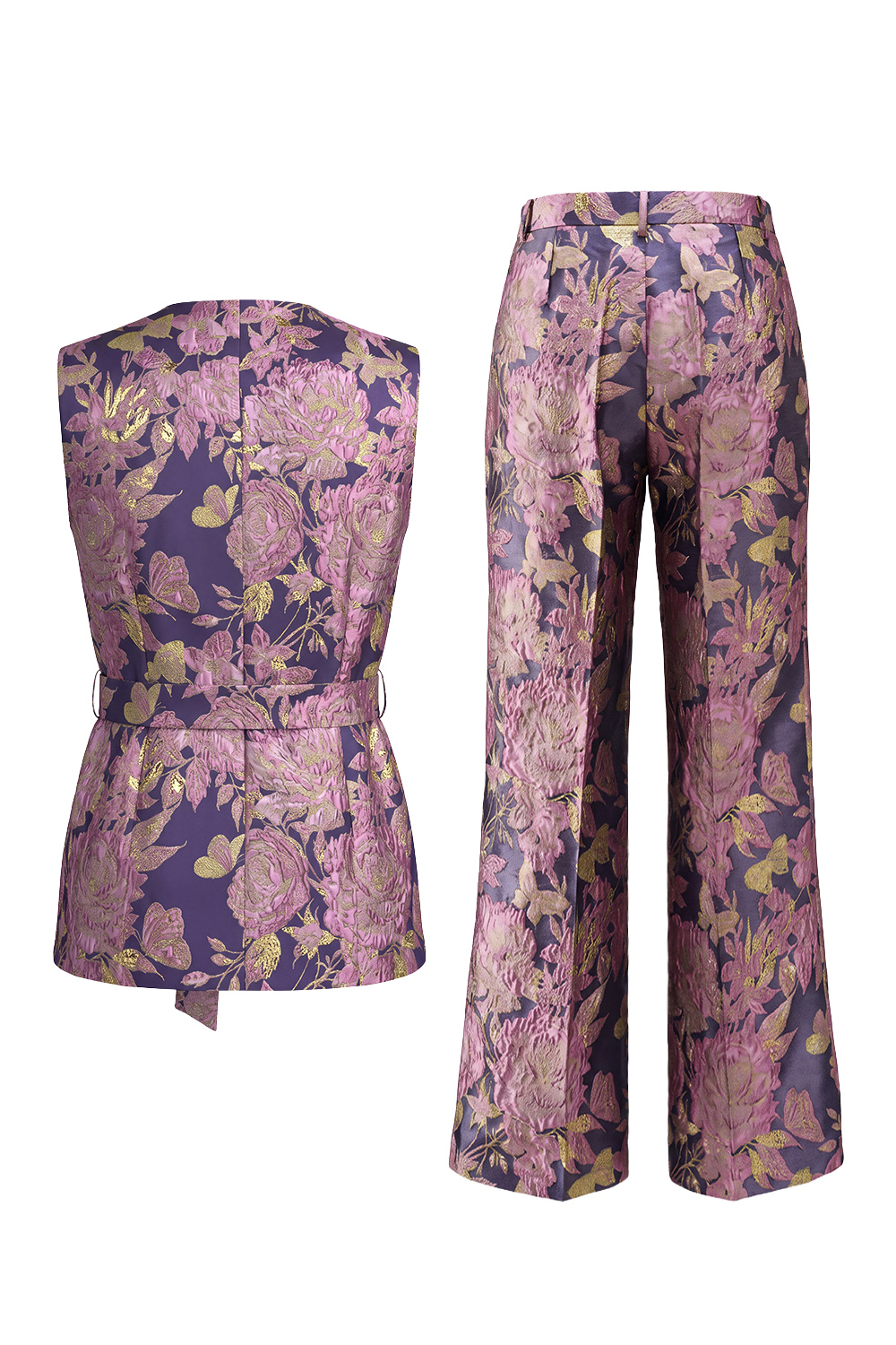 2 Piece Sage Green Floral V-Neck Vest Prom Suits with Sash