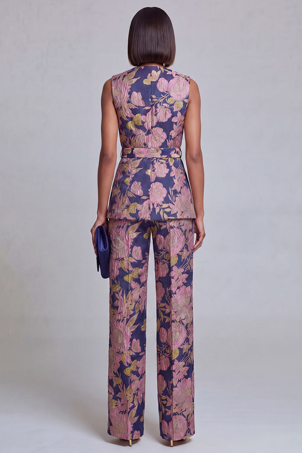 2 Piece Sage Green Floral V-Neck Vest Prom Suits with Sash
