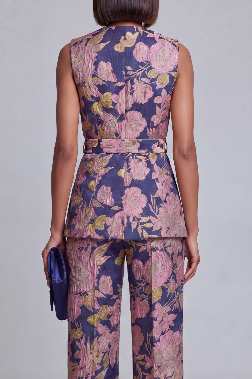 2 Piece Sage Green Floral V-Neck Vest Prom Suits with Sash