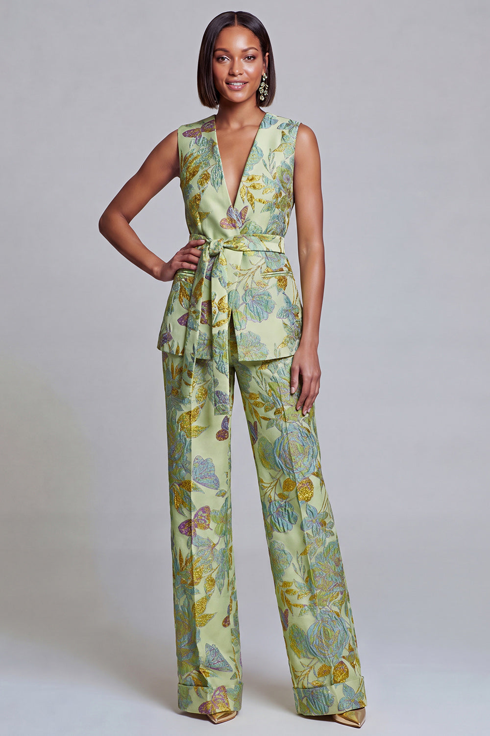 2 Piece Sage Green Floral V-Neck Vest Prom Suits with Sash