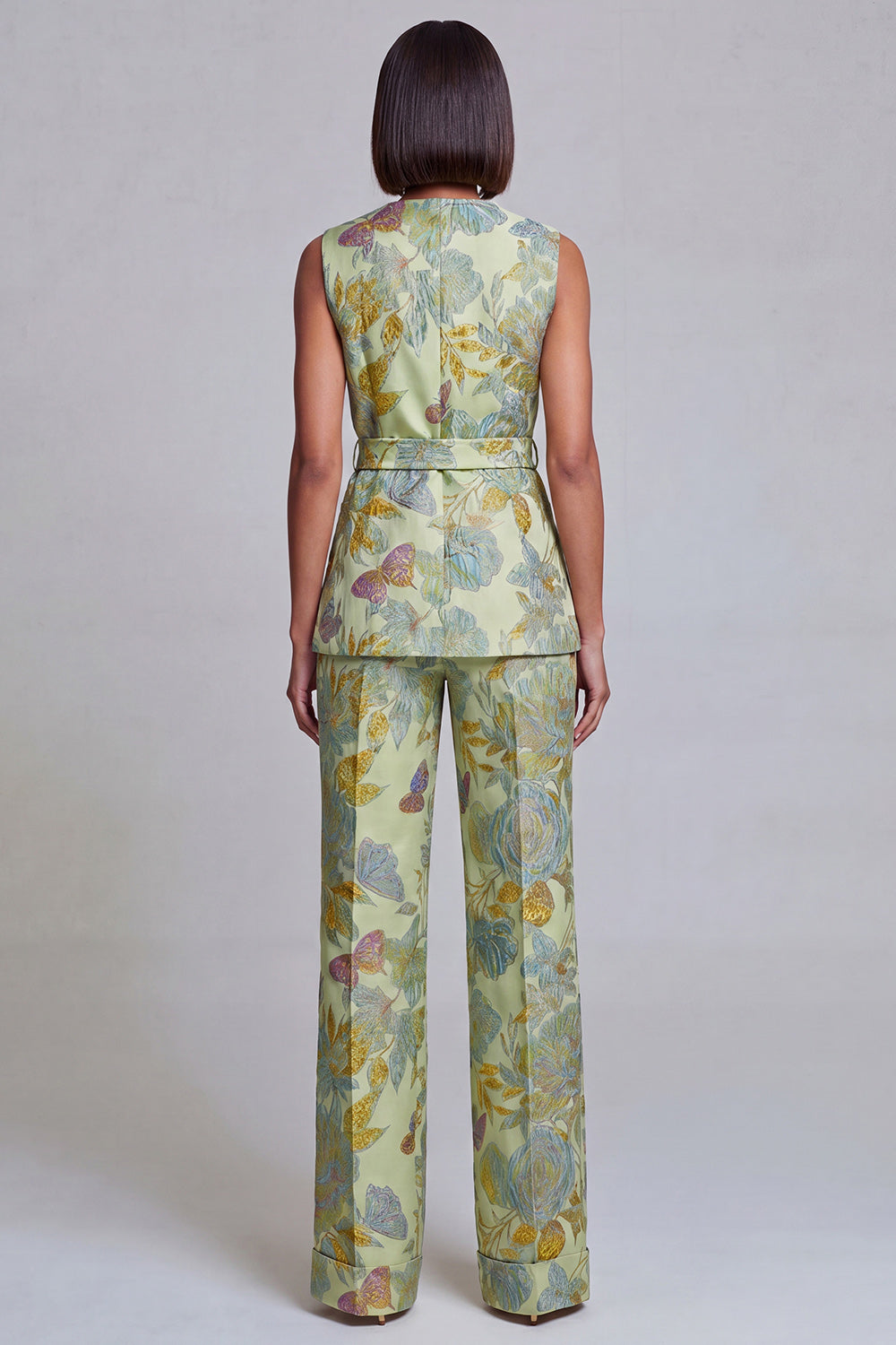 2 Piece Sage Green Floral V-Neck Vest Prom Suits with Sash