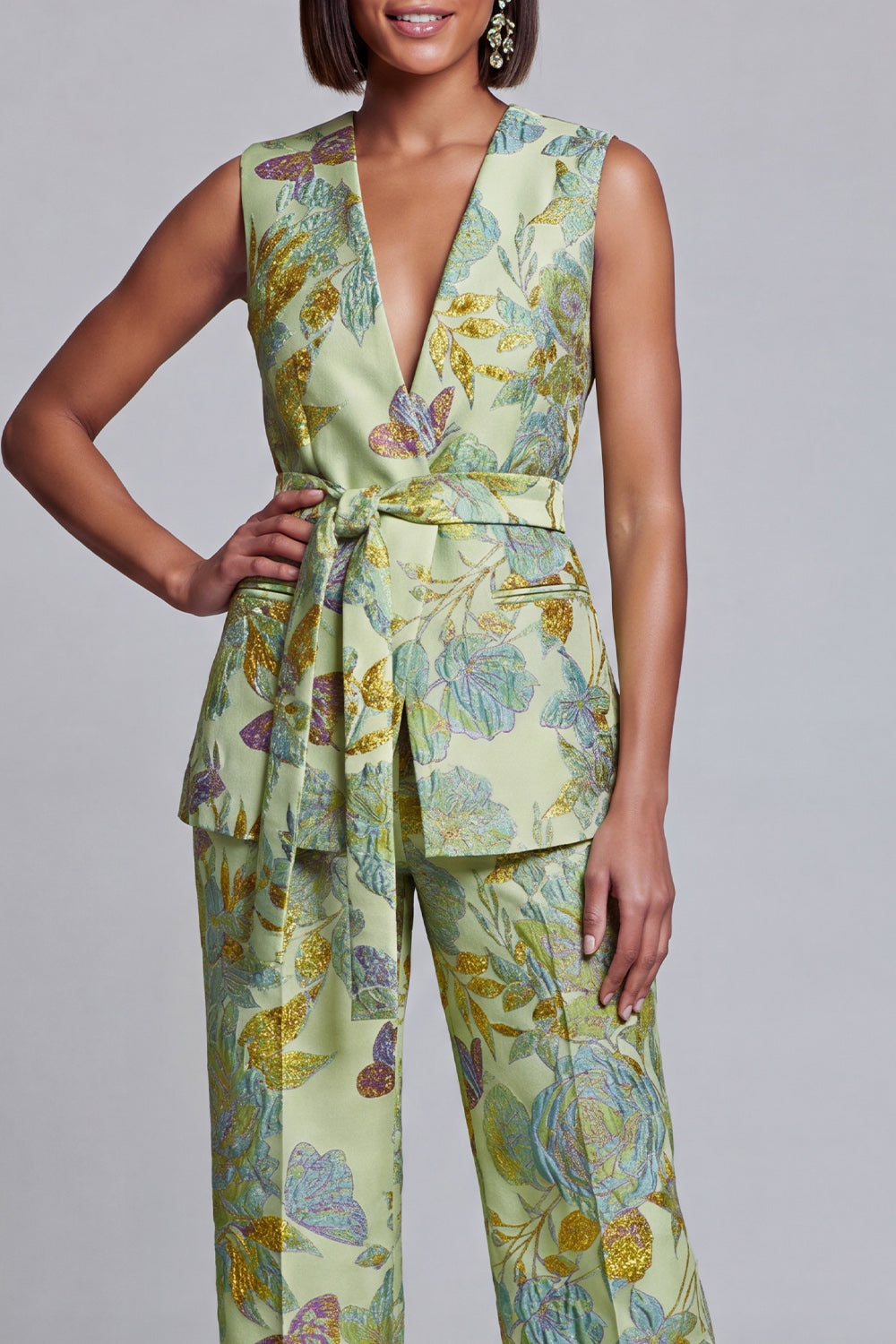 2 Piece Sage Green Floral V-Neck Vest Prom Suits with Sash