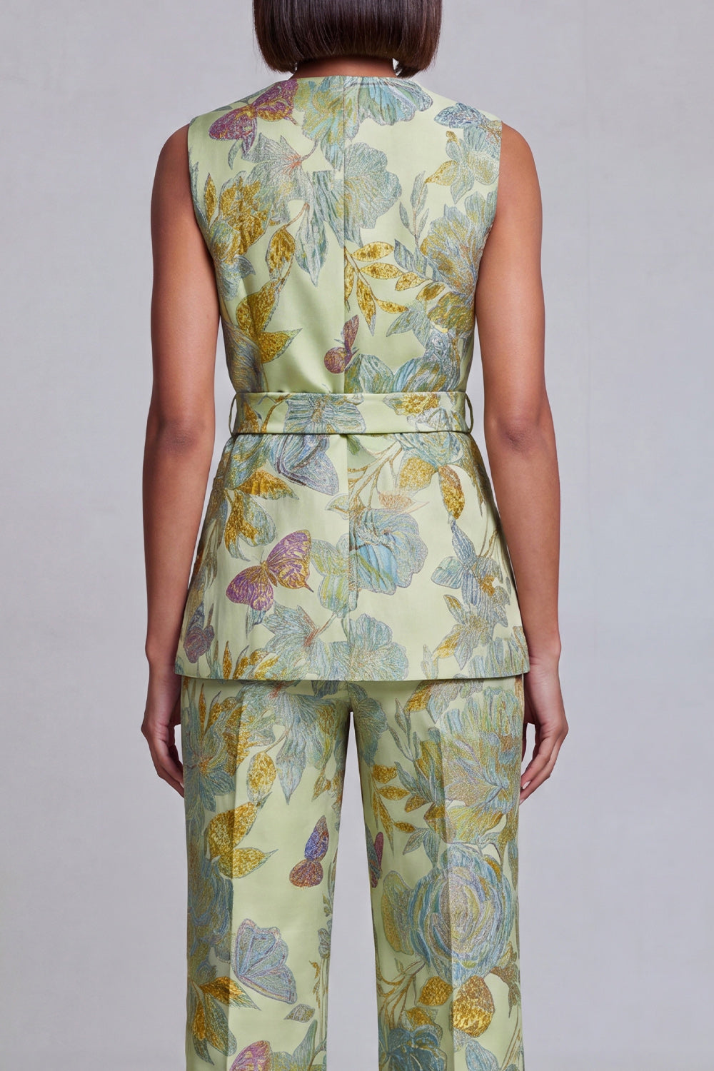 2 Piece Sage Green Floral V-Neck Vest Prom Suits with Sash