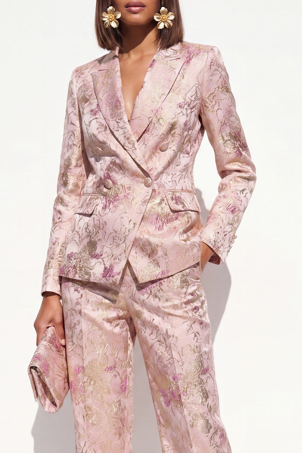 Floral 2 Piece Dusty Rose Peak Lapel Double Breasted Prom Suits with Pockets