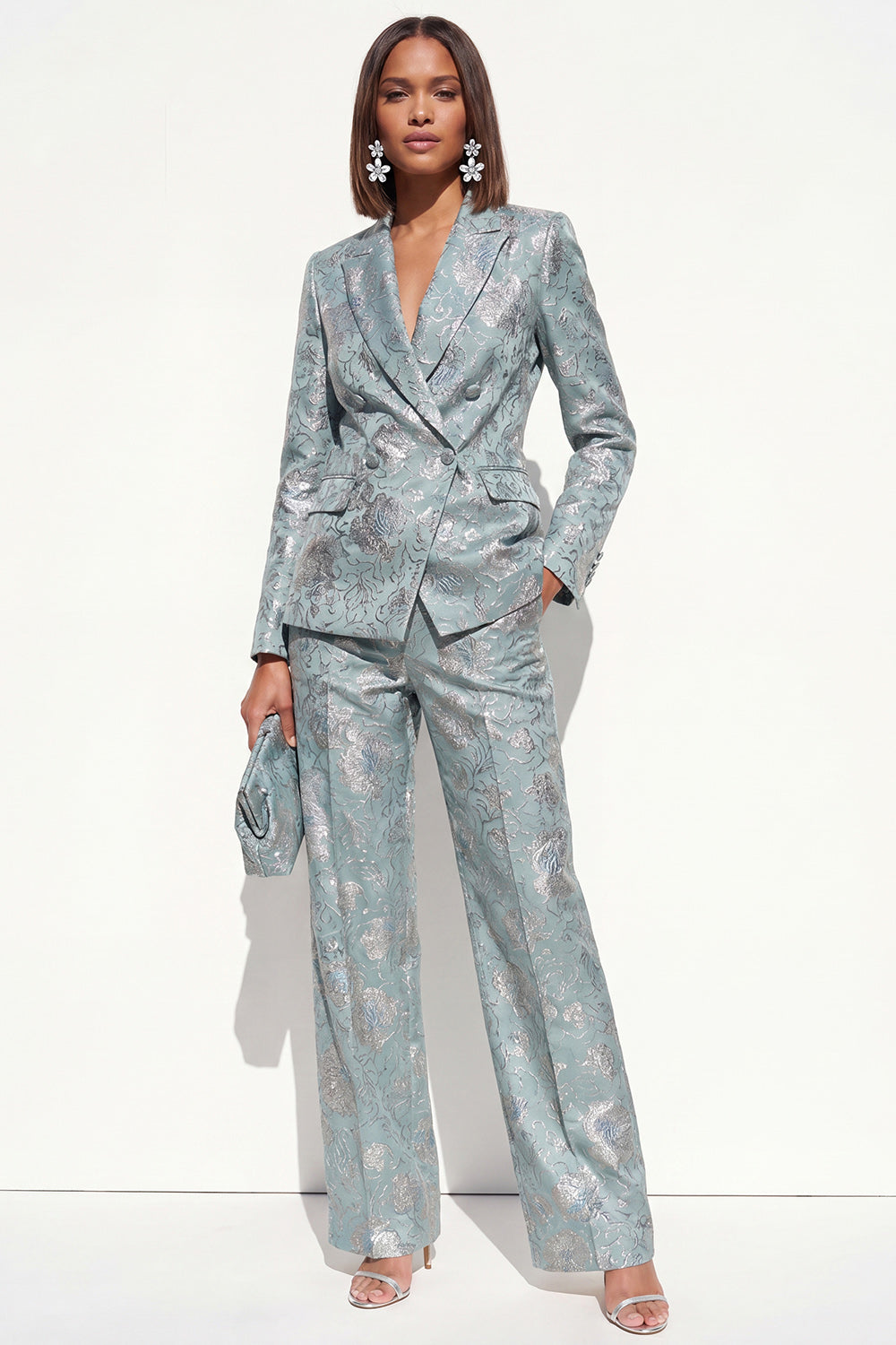 Floral 2 Piece Dusty Rose Peak Lapel Double Breasted Prom Suits with Pockets