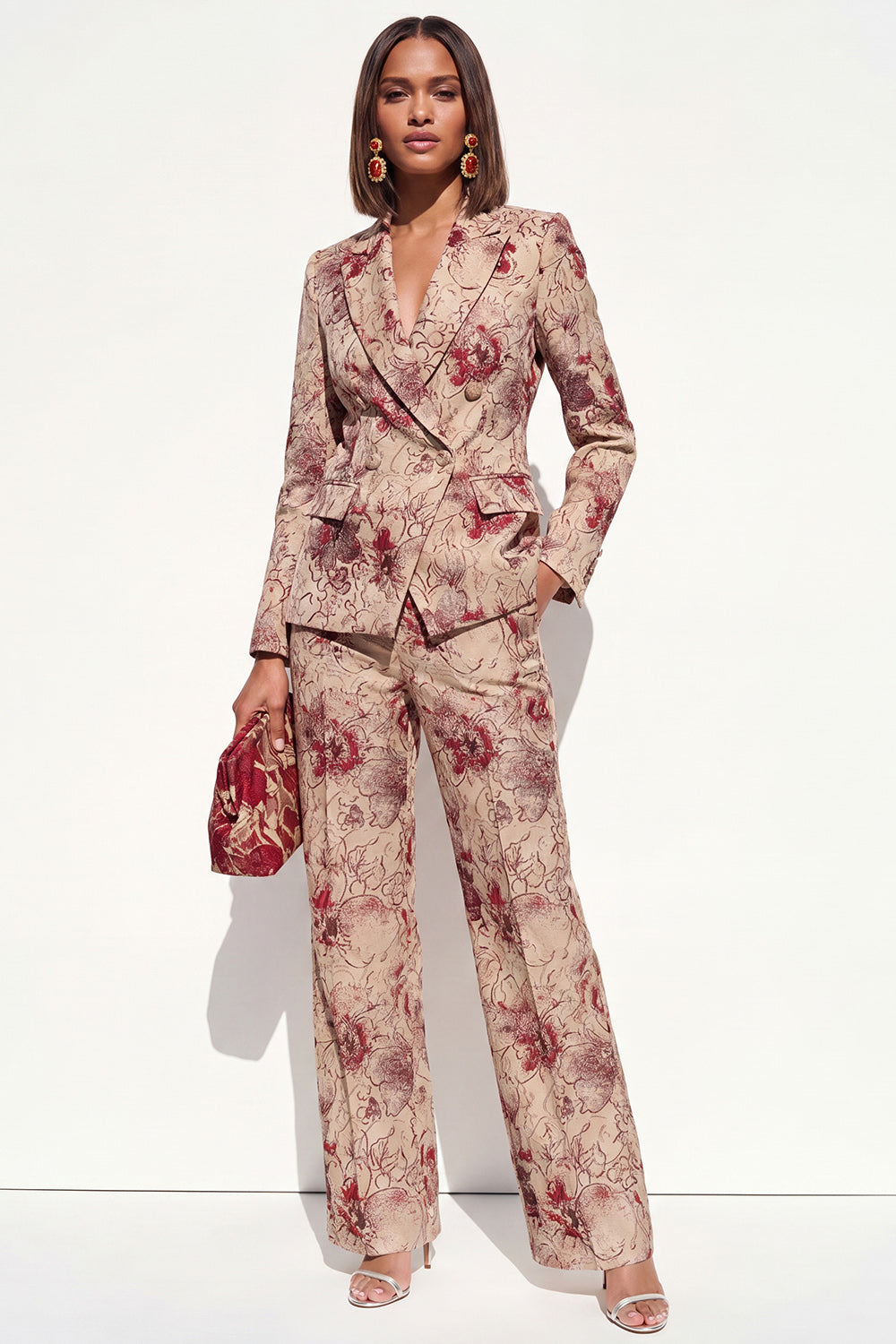 Floral 2 Piece Dusty Rose Peak Lapel Double Breasted Prom Suits with Pockets