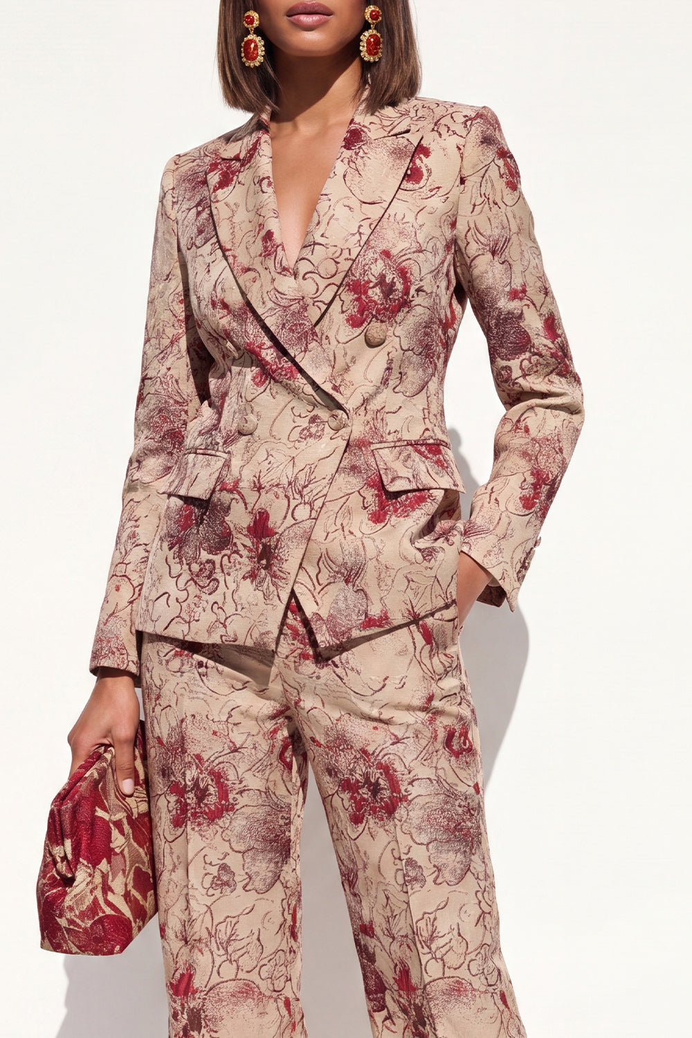 Floral 2 Piece Dusty Rose Peak Lapel Double Breasted Prom Suits with Pockets