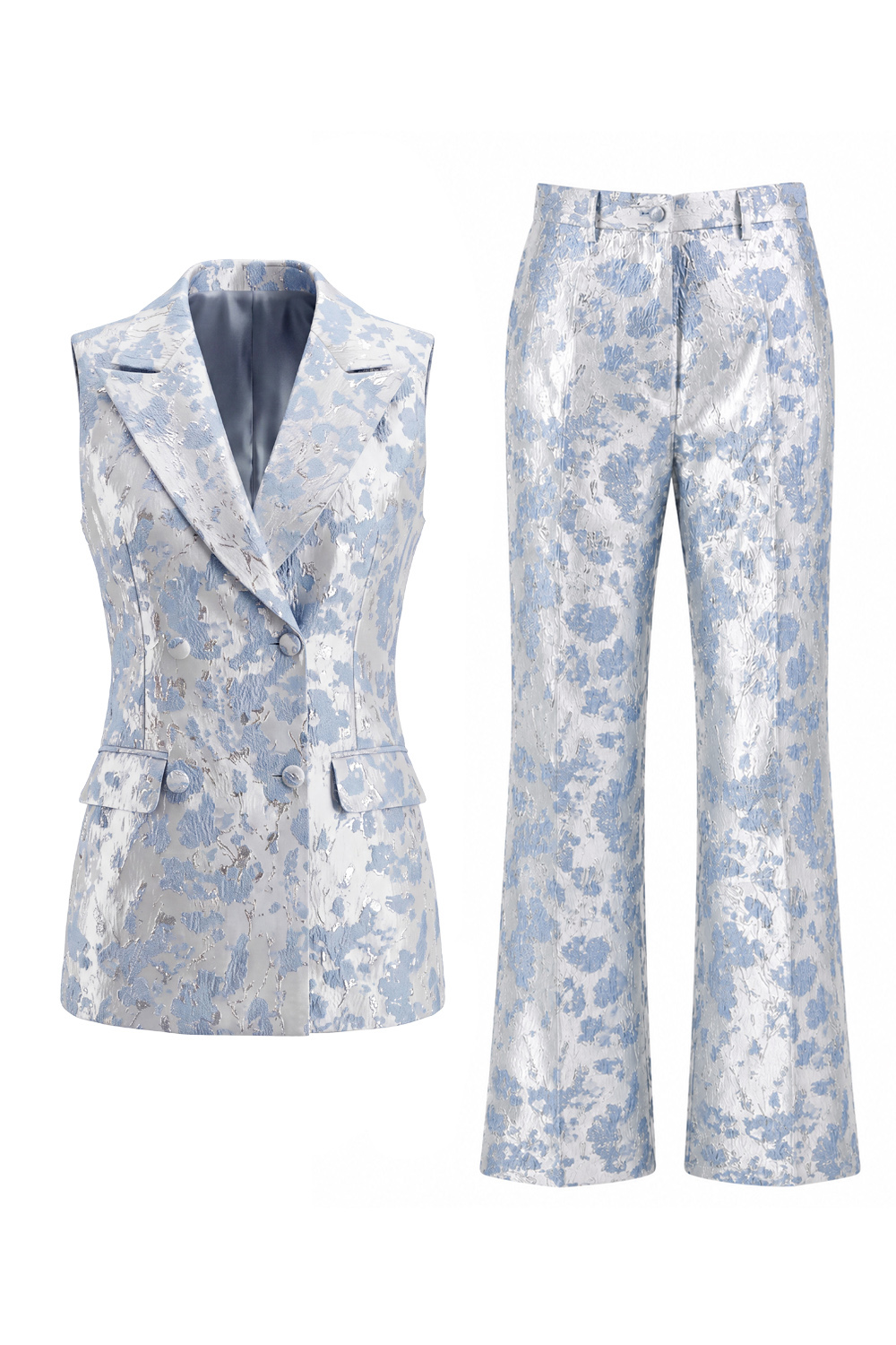 2 Piece Peacock Blue Peak Lapel Double Breasted Floral Prom Suits