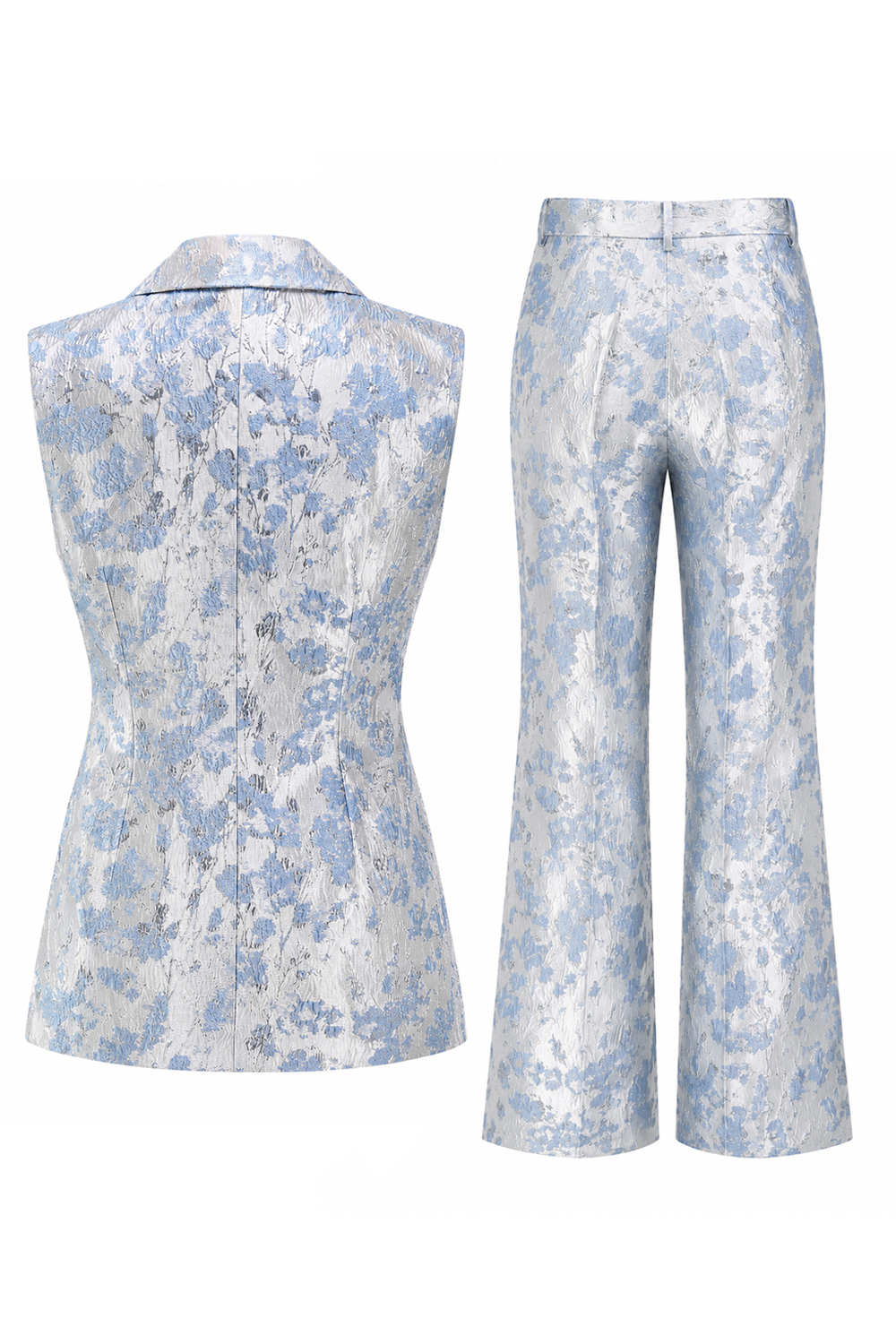 2 Piece Peacock Blue Peak Lapel Double Breasted Floral Prom Suits