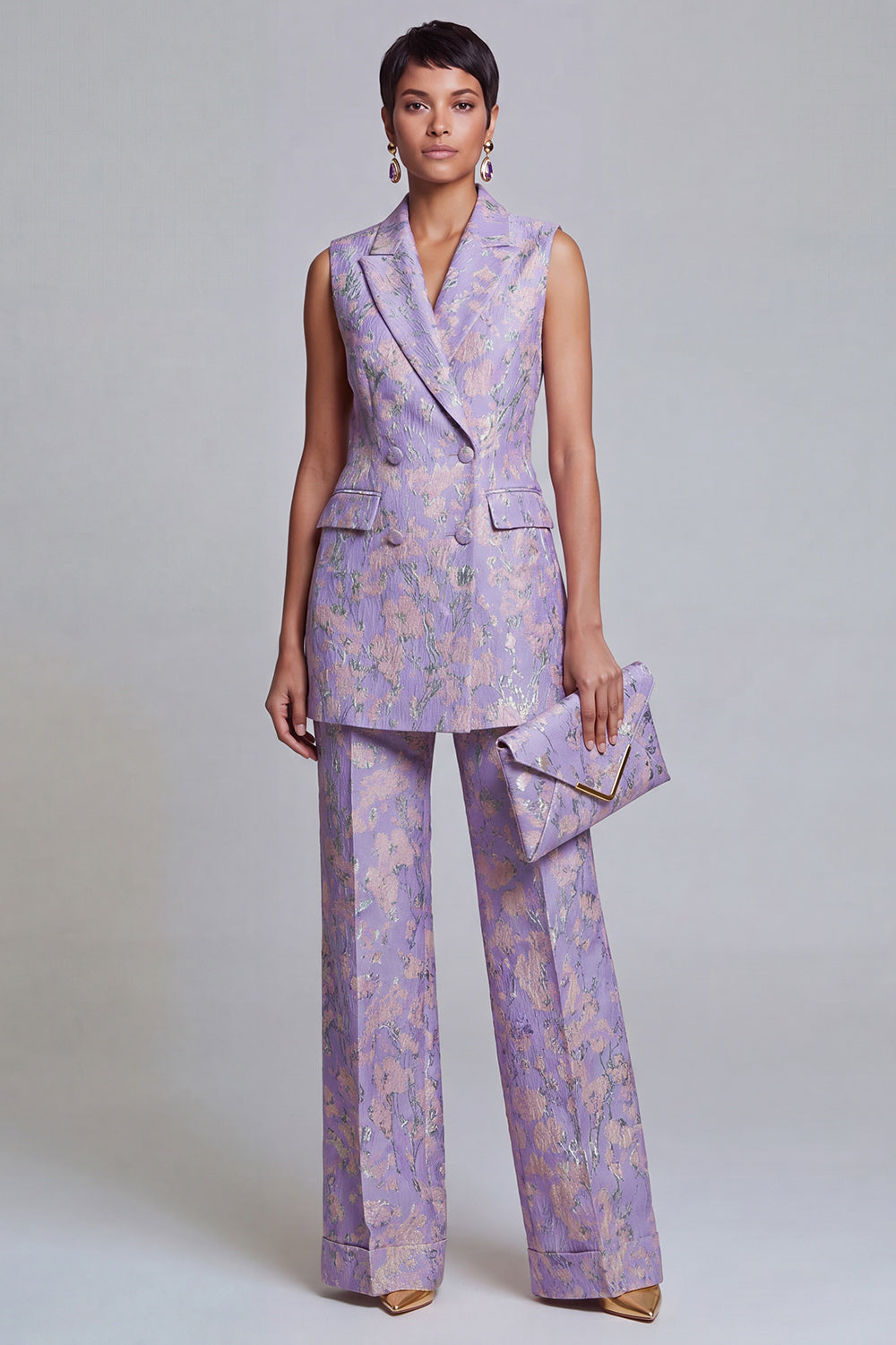 2 Piece Peacock Blue Peak Lapel Double Breasted Floral Prom Suits
