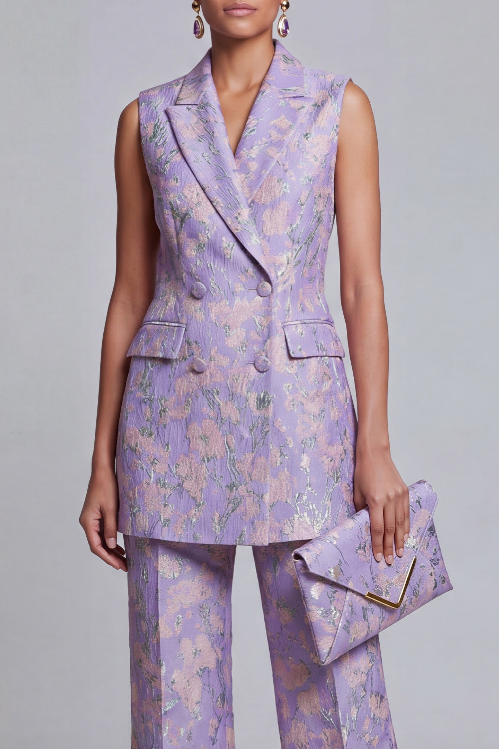 2 Piece Peacock Blue Peak Lapel Double Breasted Floral Prom Suits