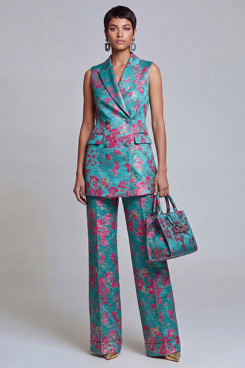 2 Piece Peacock Blue Peak Lapel Double Breasted Floral Prom Suits