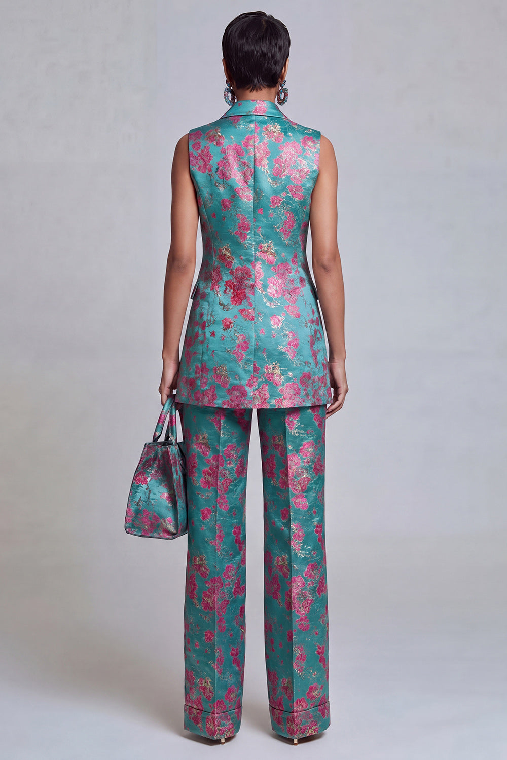 2 Piece Peacock Blue Peak Lapel Double Breasted Floral Prom Suits